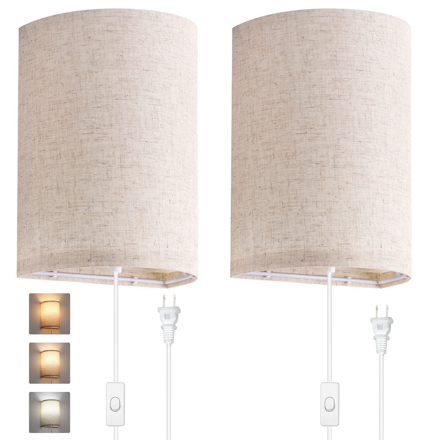 AVV Plug-in Wall Sconces Set of 2 - Dimmable LED Wall Lights for Bedroom & Living Room Decor - Fabric Linen Shades
