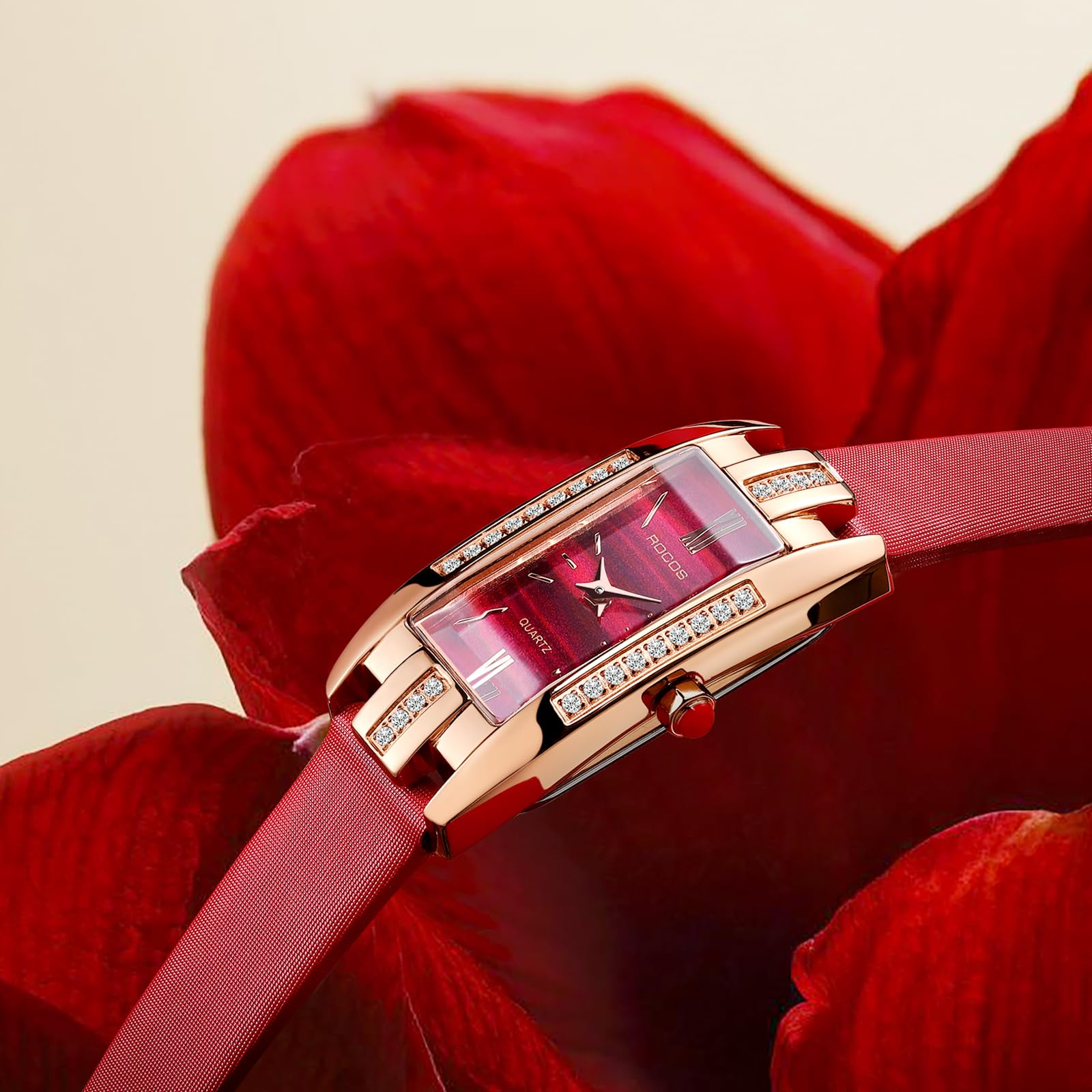 Elegant Women's Fashion Watch with Green/Red Dial & Leather Strap - Quartz Analog Dress Watch, Waterproof & Diamond Accent - Perfect for Office, Party & Casual Wear (Model RW0209S)