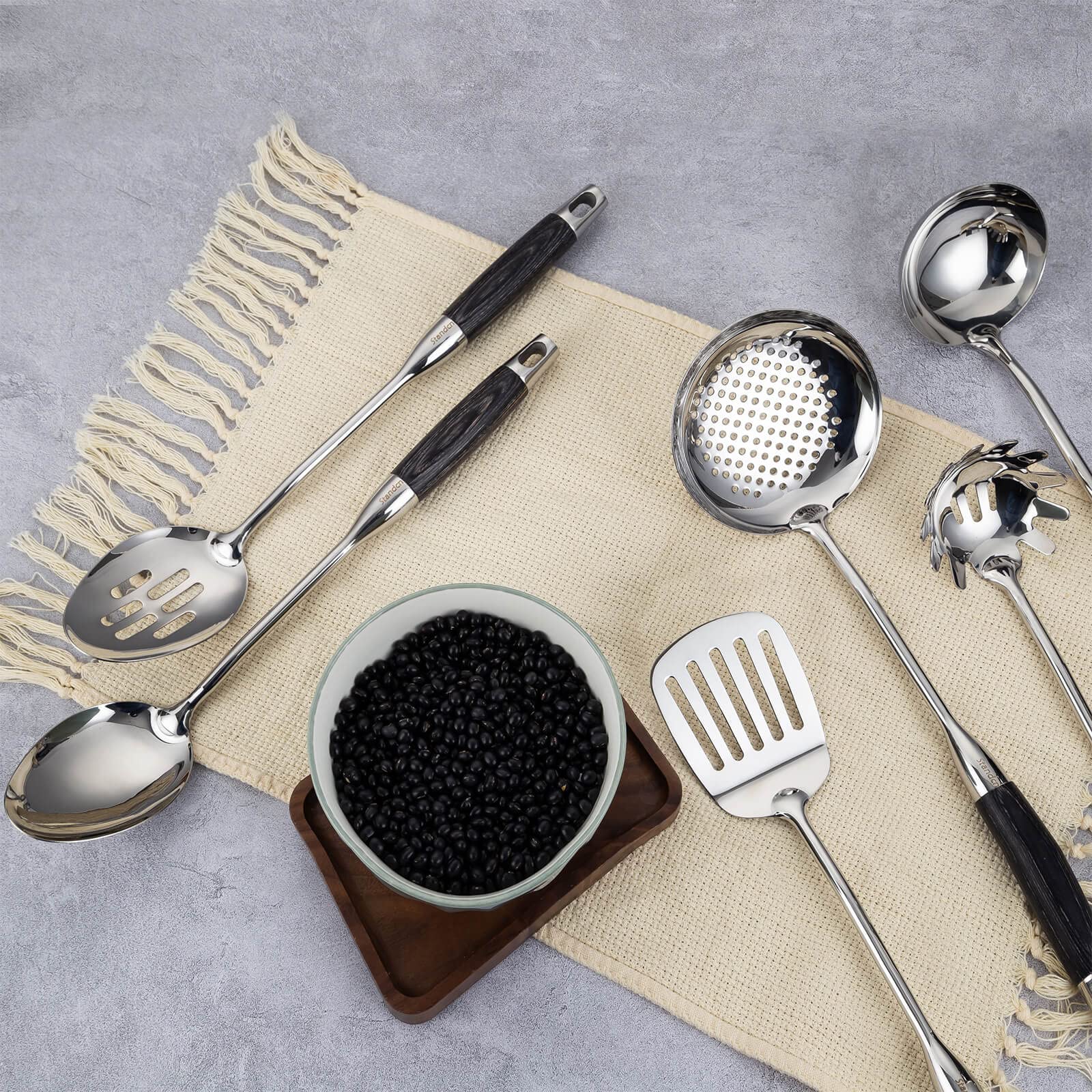 Premium 18/10 Stainless Steel Kitchen Utensil Set with Wooden Handles - 6-Piece Cooking Tools Including Slotted Spoon, Solid Spoon, Turner, Skimmer, Soup Ladle & Pasta Spoon (15