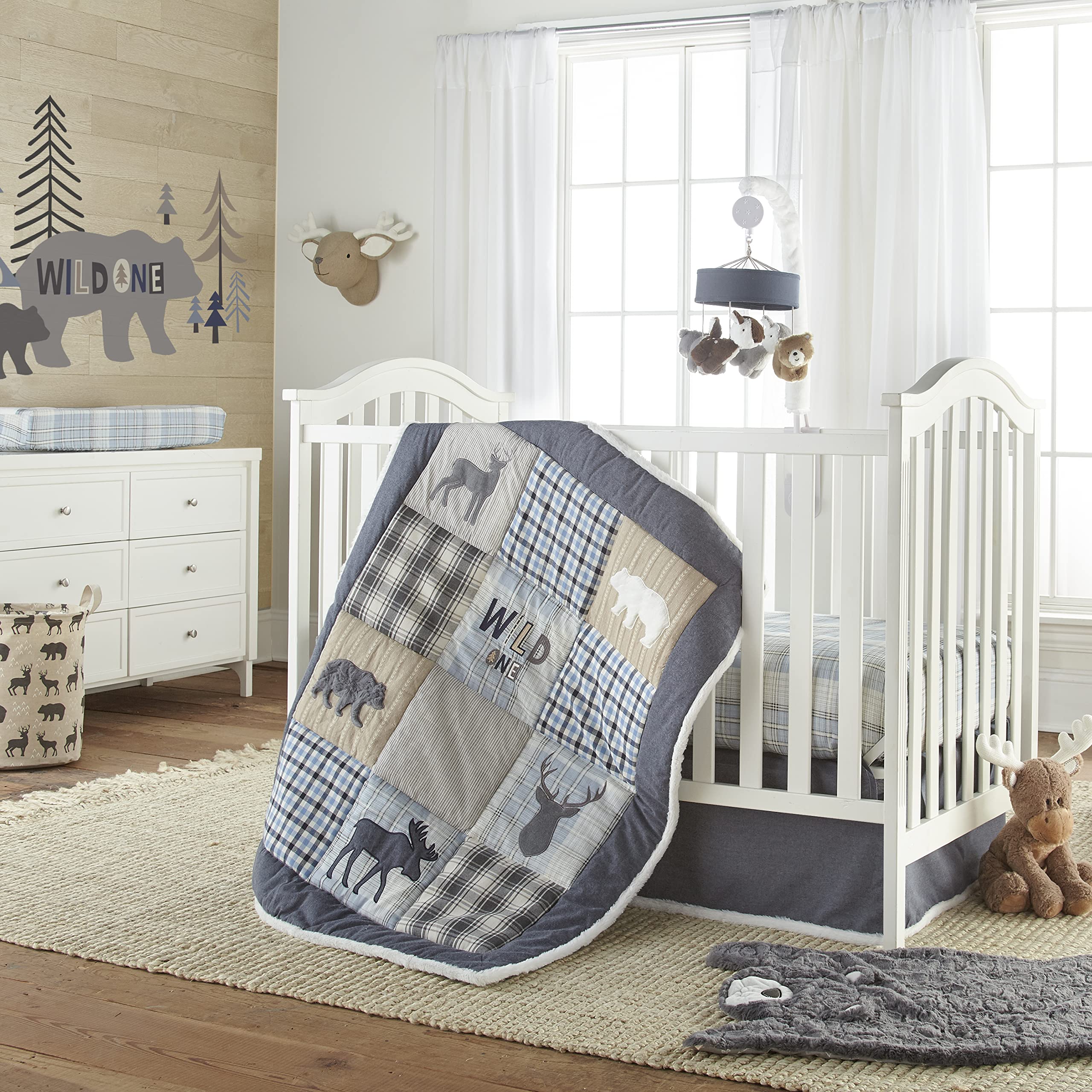 Levtex Baby Logan 4-Piece Crib Bedding Set - Soft Nursery Quilt, Fitted Sheet, Dust Ruffle & Wall Decal - Deer Bear Moose Theme in Navy Grey White Blue Taupe - Perfect for Baby Shower Gifts & Cozy Nursery Decor