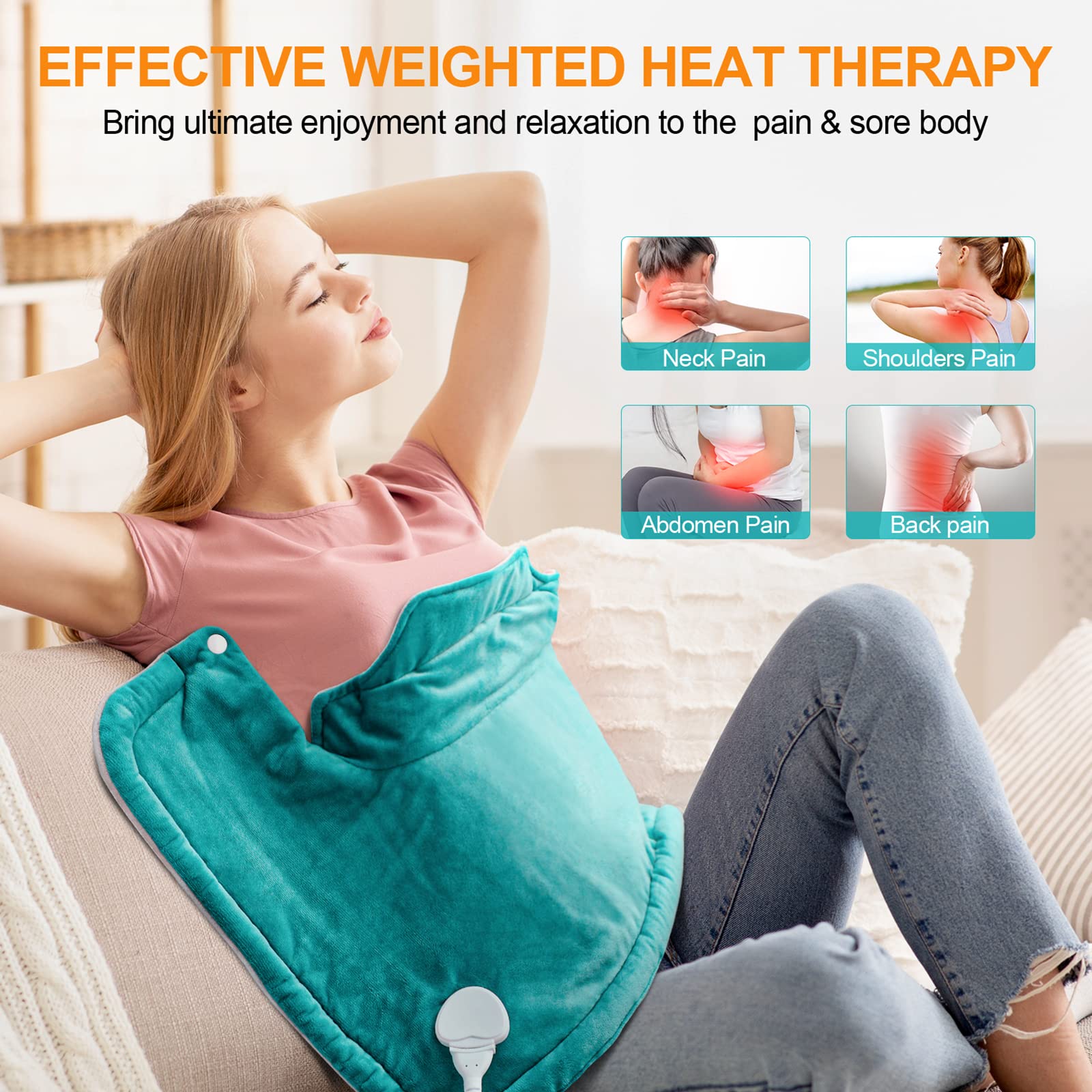 Weighted Heating Pad for Neck, Shoulders & Back Pain Relief - 6 Heat Settings & Auto-Off - 17