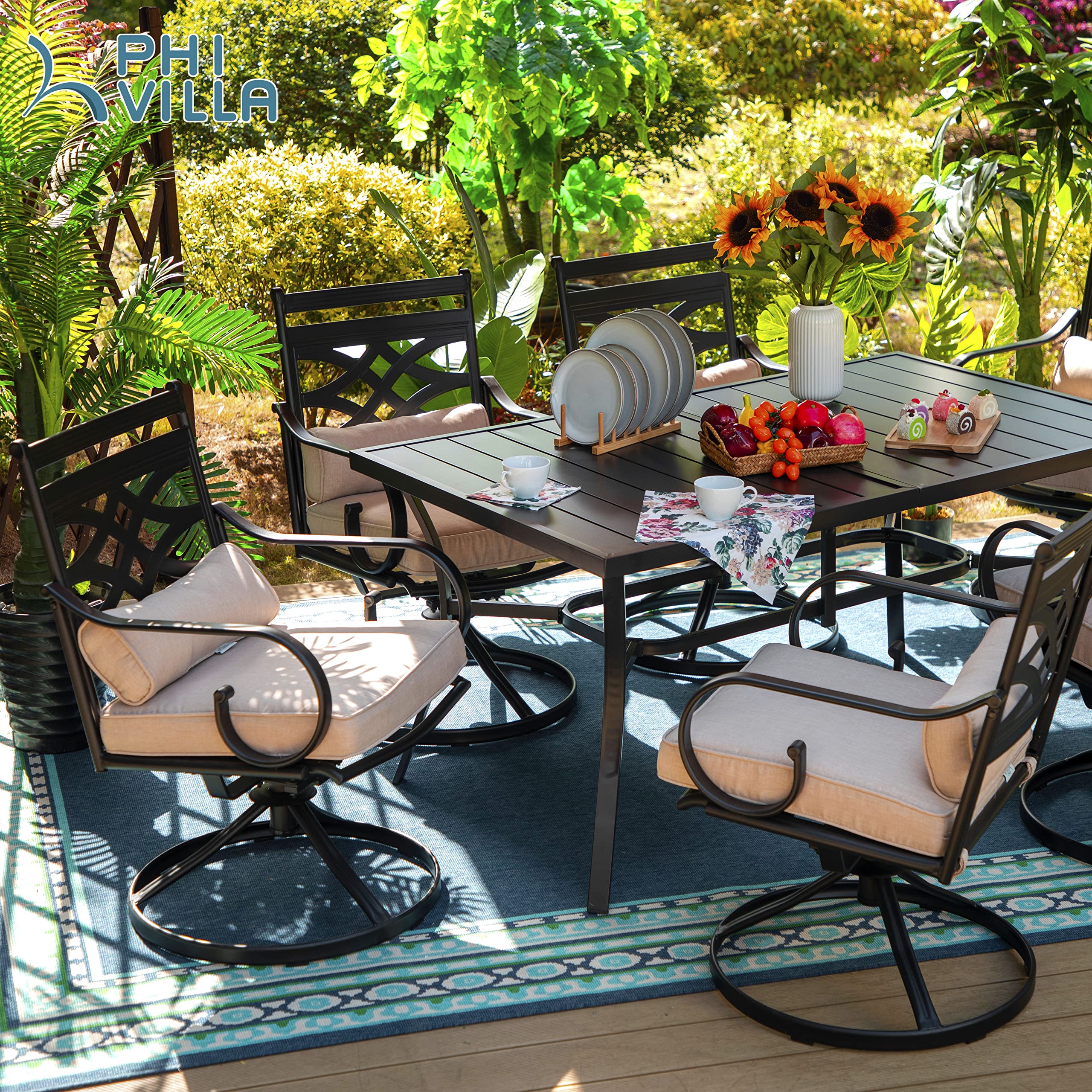 PHI VILLA 7-Piece Outdoor Patio Dining Set with Swivel Chairs - 6-Person Rectangular Steel Table Set with Cushions & Pillows for Garden, Lawn, Deck & Backyard Entertaining