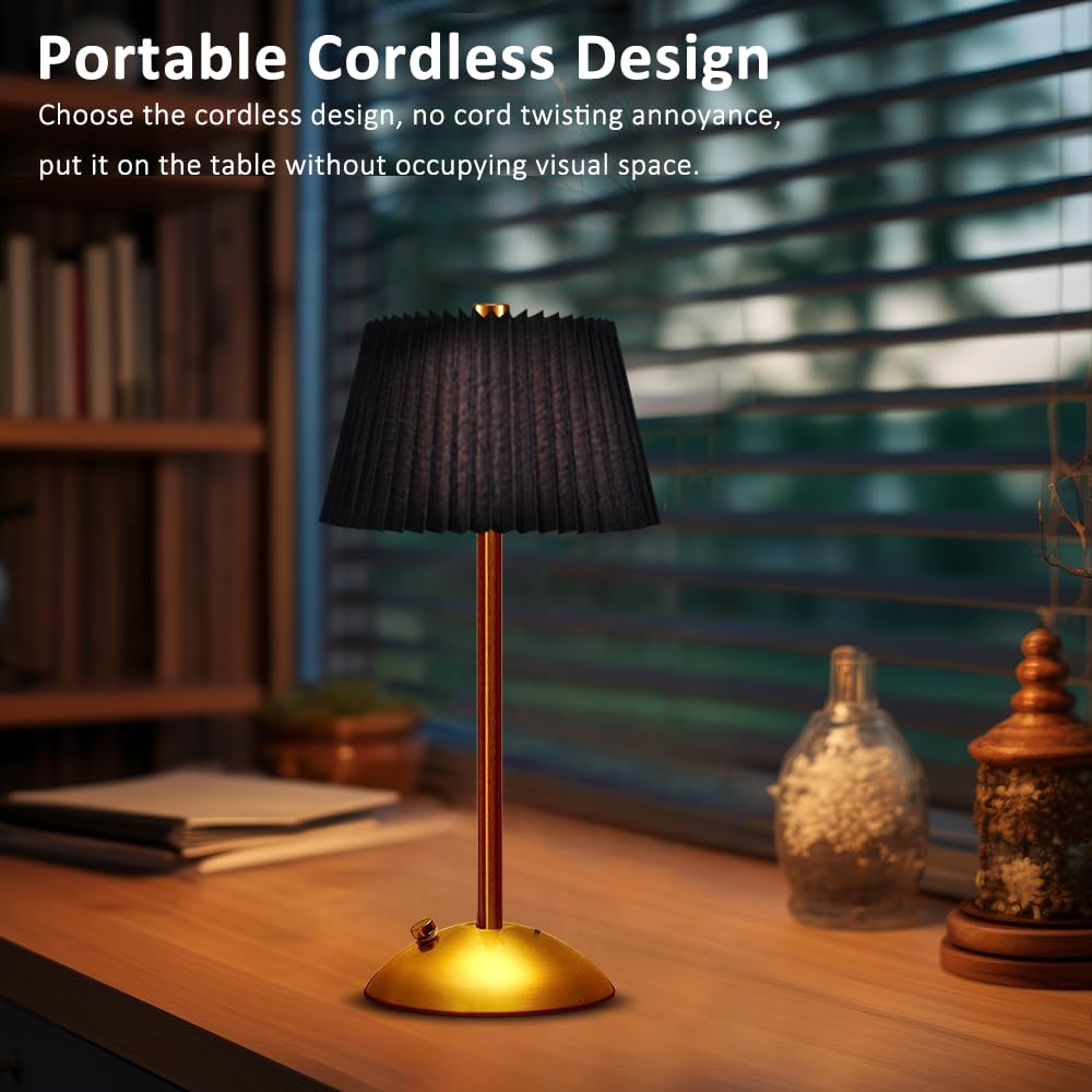Touch Sensor LED Desk Lamp - 3-Way Dimmable Cordless Metal Table Lamp with Fabric Shade for Home Office, Living Room, Bedroom & Dorm | Perfect for Reading, Working & Nightstand Lighting (Black)