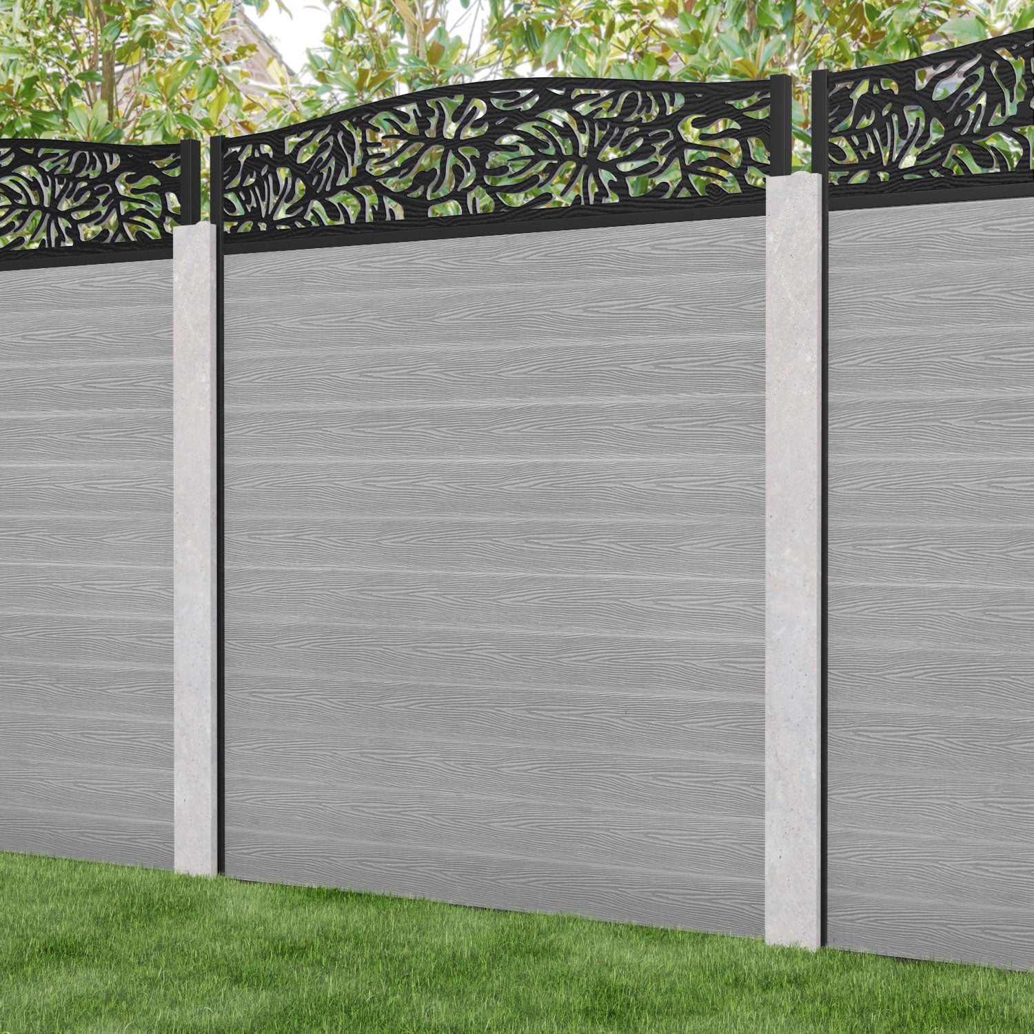 Classic Botanic Curved Top Fence Panel - Light Grey Vinyl Privacy Fencing for Concrete Posts | Perfect for Backyard, Garden, and Patio Privacy Screening