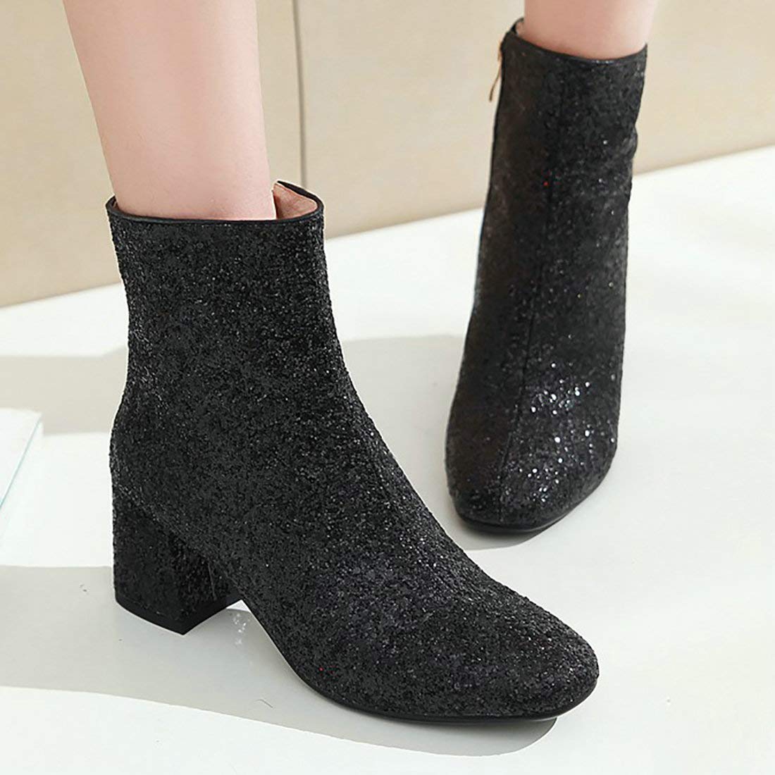 MAVMAX Women's Sparkly Sequin Glitter Ankle Boots - Chunky Heel Party Shoes for Women | Perfect for Night Out, Club Wear & Holiday Celebrations