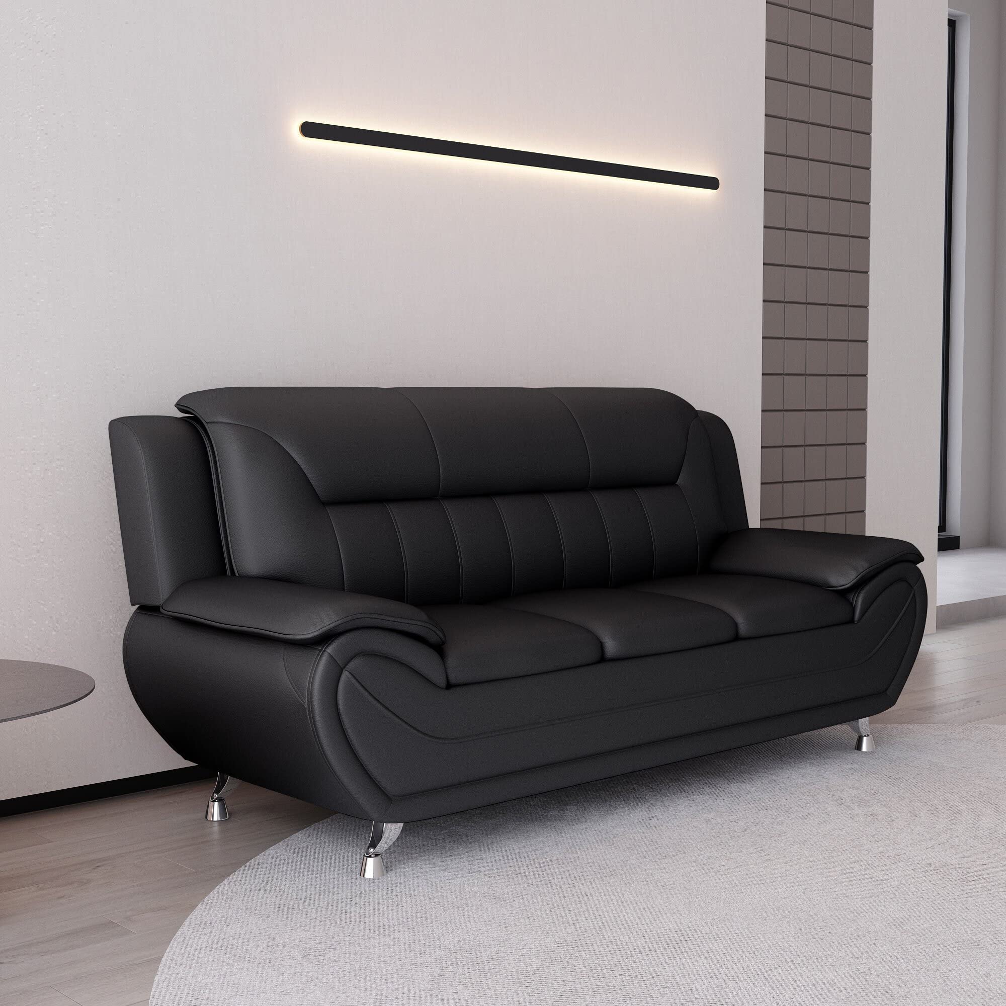Michael Modern Faux Leather Upholstered Sofa with Stainless Steel Legs - Loveseat & Living Room Couch in Midnight Black | Perfect for Small Spaces, Apartments & Contemporary Home Decor