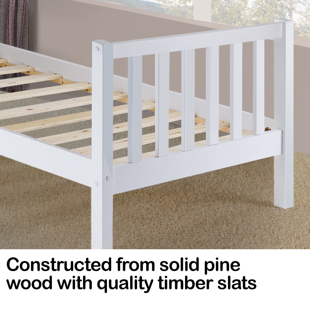 White Wooden Pine Single Bed Frame for Kids - Sturdy & Safe Children's Bedroom Furniture for Toddlers & Teens - Perfect for Small Spaces, Guest Rooms & Sleepovers