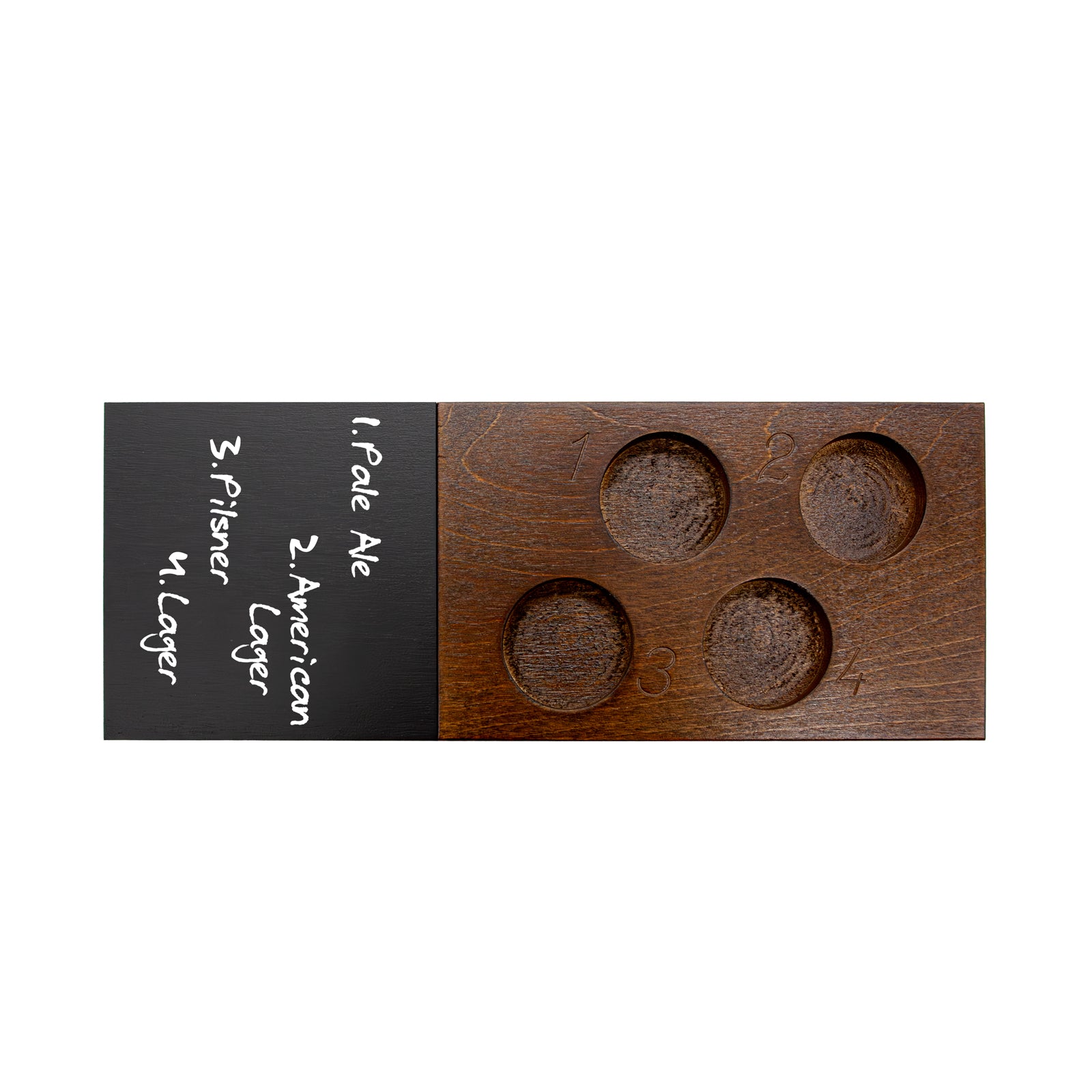 4-Piece Numbered Beer Flight Set with Walnut Finish & Chalk Strip - Includes 5.5oz Highball Glasses - Perfect for Craft Beer Tasting, Home Bars & Gifts