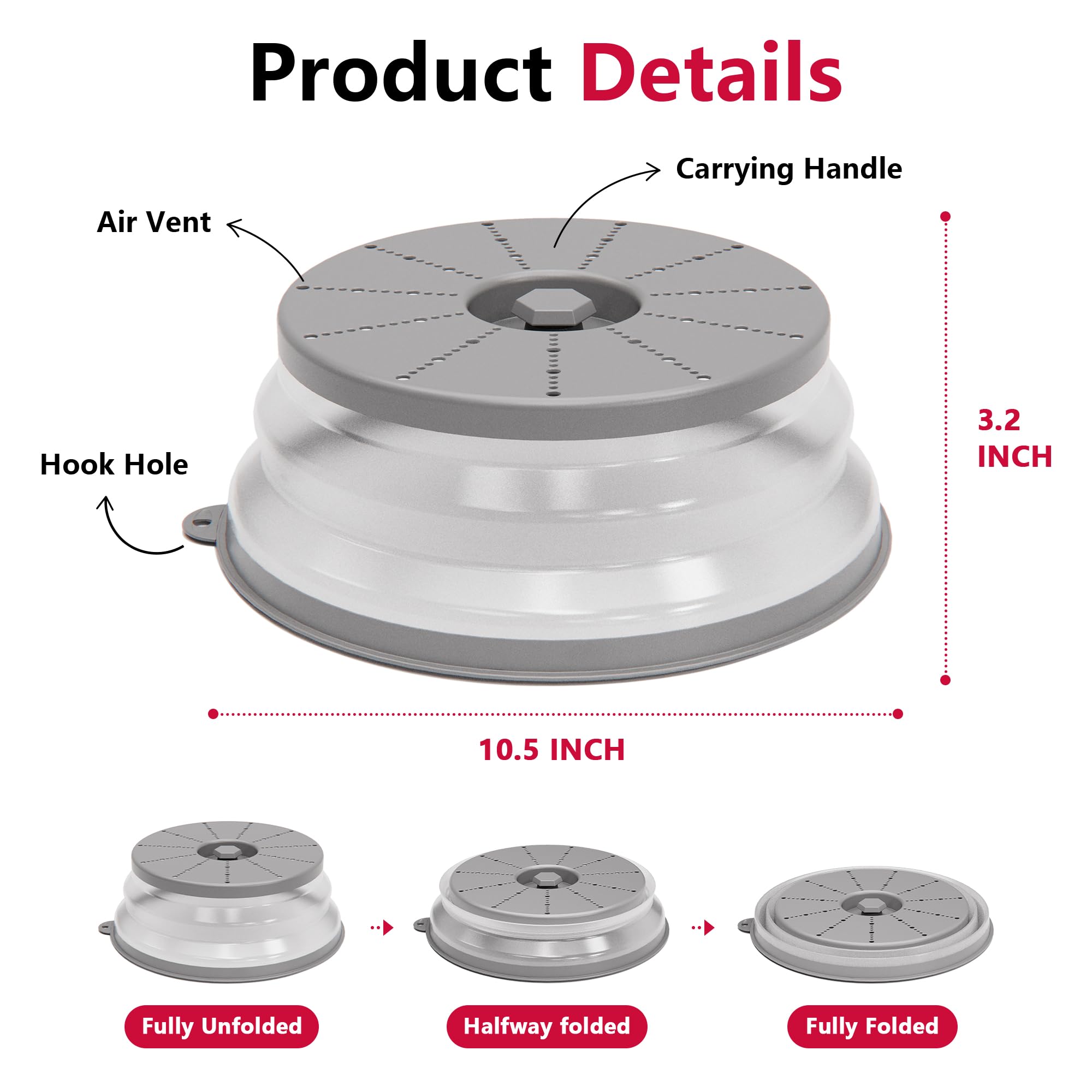 Vented Microwave Splatter Cover with Hook Hole - Splatter Guard & Colander Kitchen Gadget for Food Prep - Grey - Perfect for Cooking, Reheating & Meal Preparation
