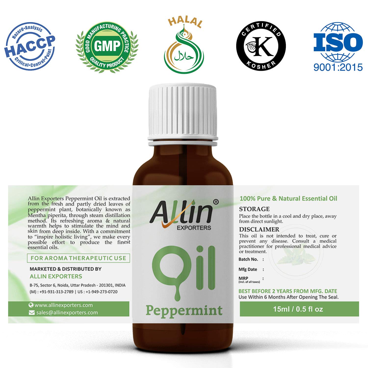 Allin Exporters 100% Pure Peppermint Essential Oil - 15ml Therapeutic Grade for Aromatherapy, Skin Care & Home Fragrance | Eliminates Odors, Relieves Stress | Perfect for Diffusers, Massage & DIY Beauty Products