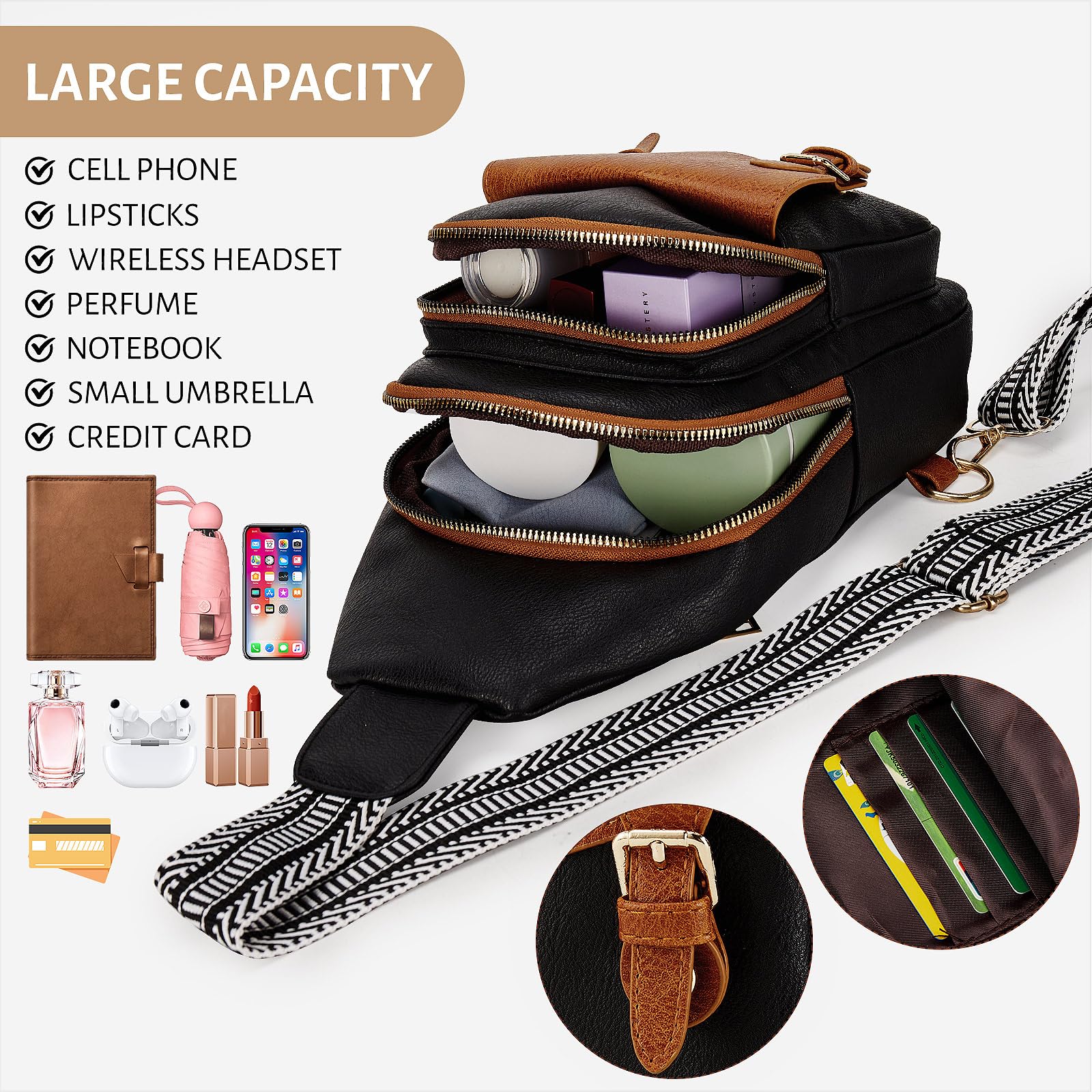 Vegan Leather Sling Bag for Women & Men - Adjustable Crossbody Fanny Pack for Travel, Hiking, Cycling & Casual Use - Black & Brown Chest Bag Purse