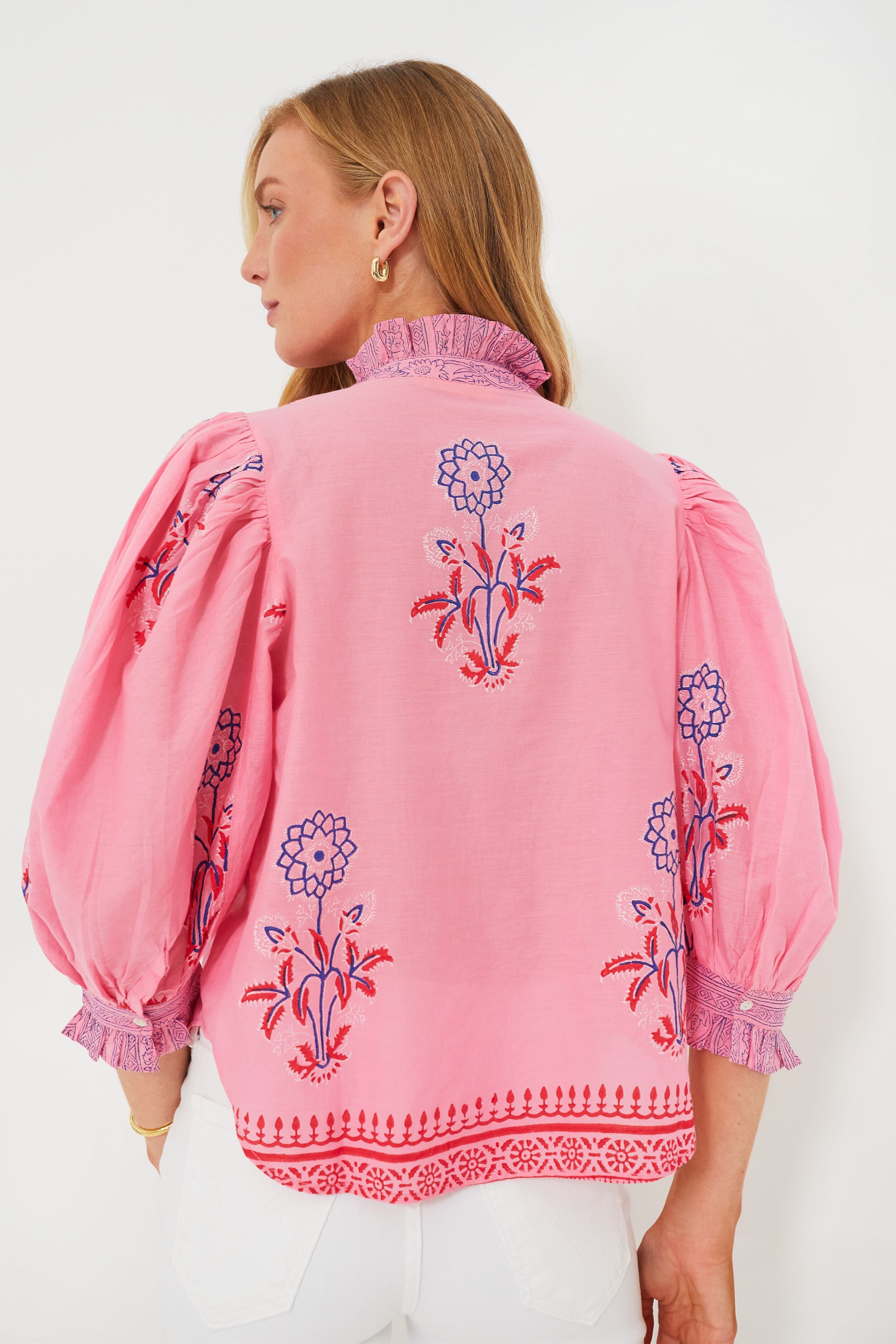Boca Women's Pink Ruffle Front Button Down Blouse - Elegant Floral Print Casual Shirt for Office, Date Night & Spring Outfits