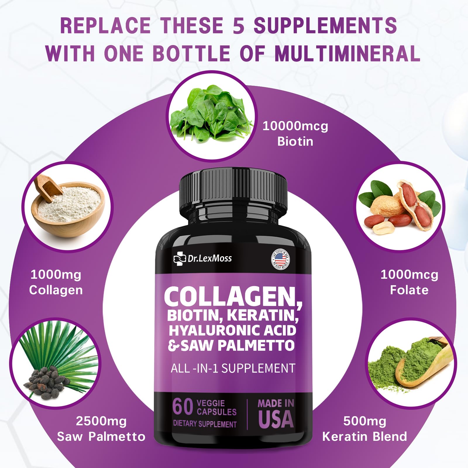 Premium Hair Skin & Nails Supplement with Collagen, Biotin, Keratin & Hyaluronic Acid - Vitamin E, Folic Acid, DHT Blocker & Pumpkin Seed for Men & Women - 60 Capsules for Stronger Hair & Healthier Skin
