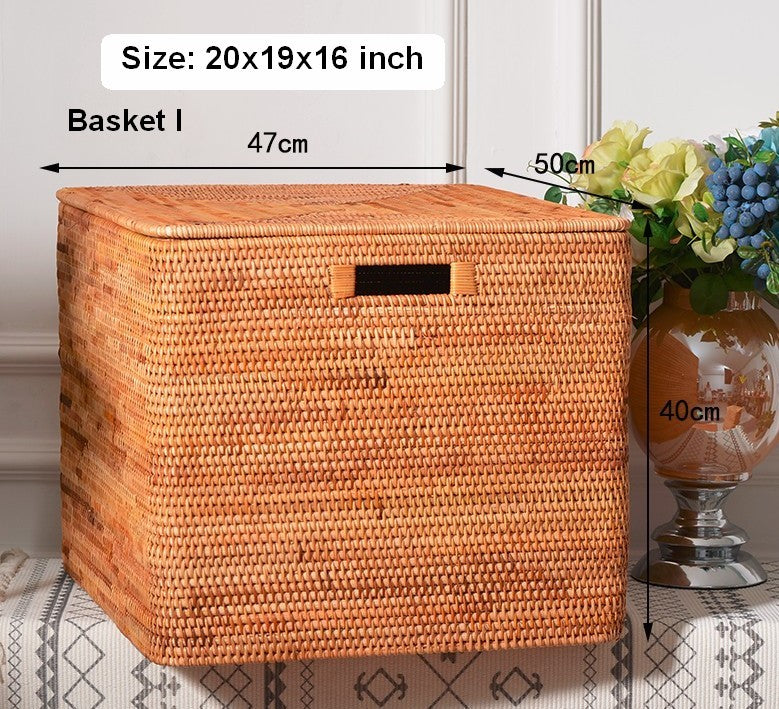 Extra Large Storage Baskets for Clothes - Oversized Rectangular Wicker Rattan Basket with Lid - Organizer for Shelves, Bedroom, Closet & Laundry Room - Perfect for Home Organization & Decluttering
