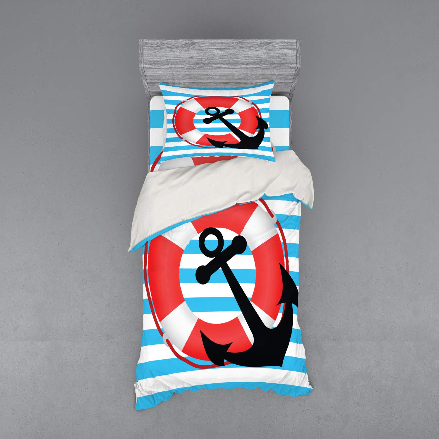 Ambesonne Anchor Duvet Cover Set - 3 Piece Blue Striped Nautical Bedding with Sham & Fitted Sheet, Twin Size in Sky Blue, Red & Black - Perfect for Coastal Themed Bedrooms, Guest Rooms & Travel Enthusiasts
