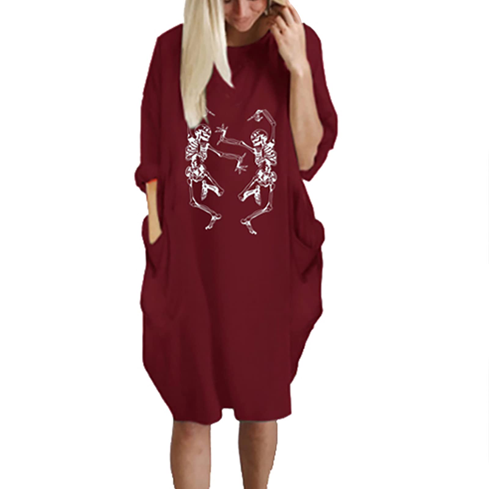 Women's Skull Print Sweatshirt Dress - Stylish Tunic Mini Dress with Long Sleeves & Pockets | Casual Loose Pullover Jumper for Streetwear, Lounge & Fall Fashion