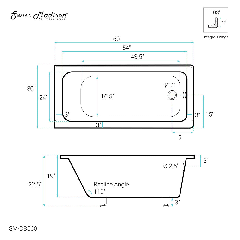 Voltaire 60 x 30 Right Hand Drain Alcove Bathtub - White Acrylic Soaking Tub for Small Bathrooms, Perfect for Apartments & Compact Spaces