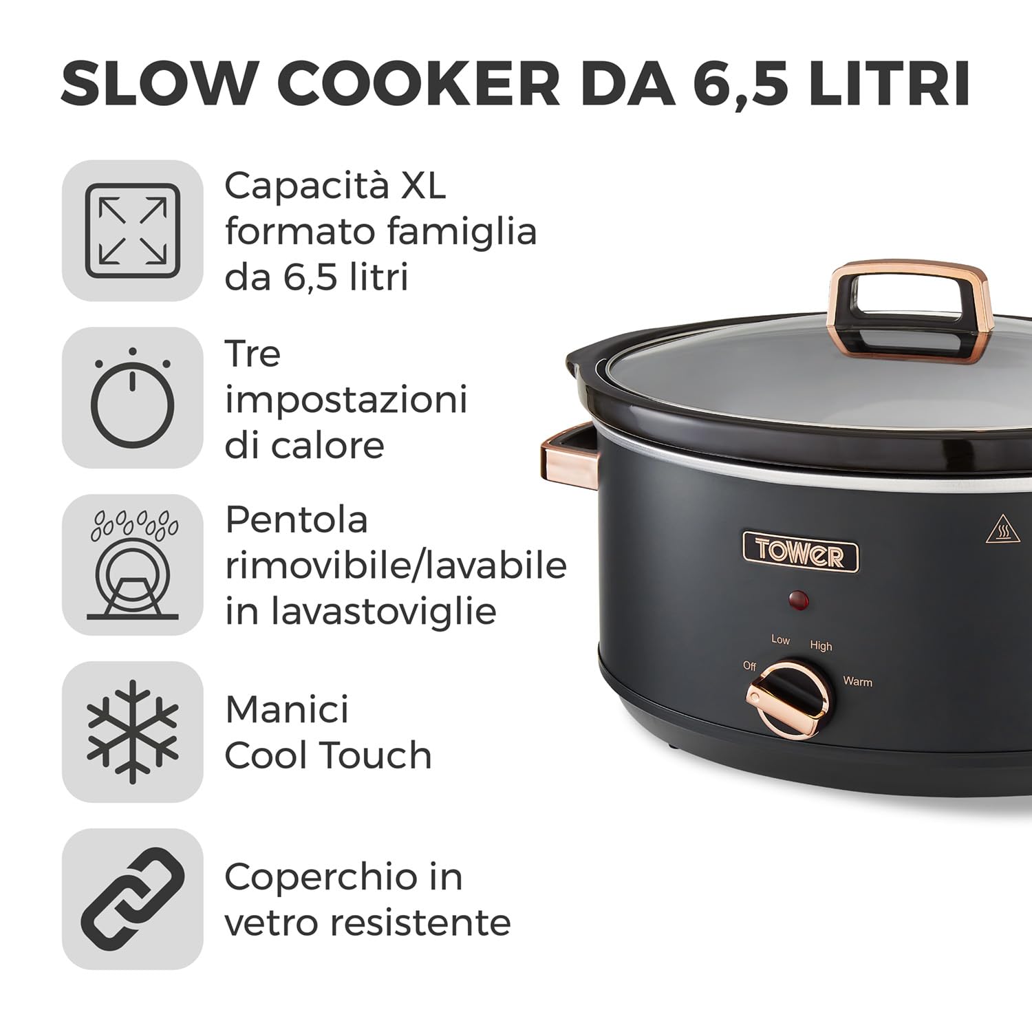 6.5 Quart Slow Cooker with 3 Heat Settings, Cool-Touch Handles, Black & Rose Gold - Perfect for Family Dinners, Meal Prep & Entertaining