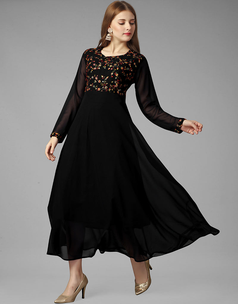 Elegant Black Georgette Embroidered Gown Collection - Intricate Handcrafted Details for Women's Formal Wear | Perfect for Weddings, Parties & Special Occasions