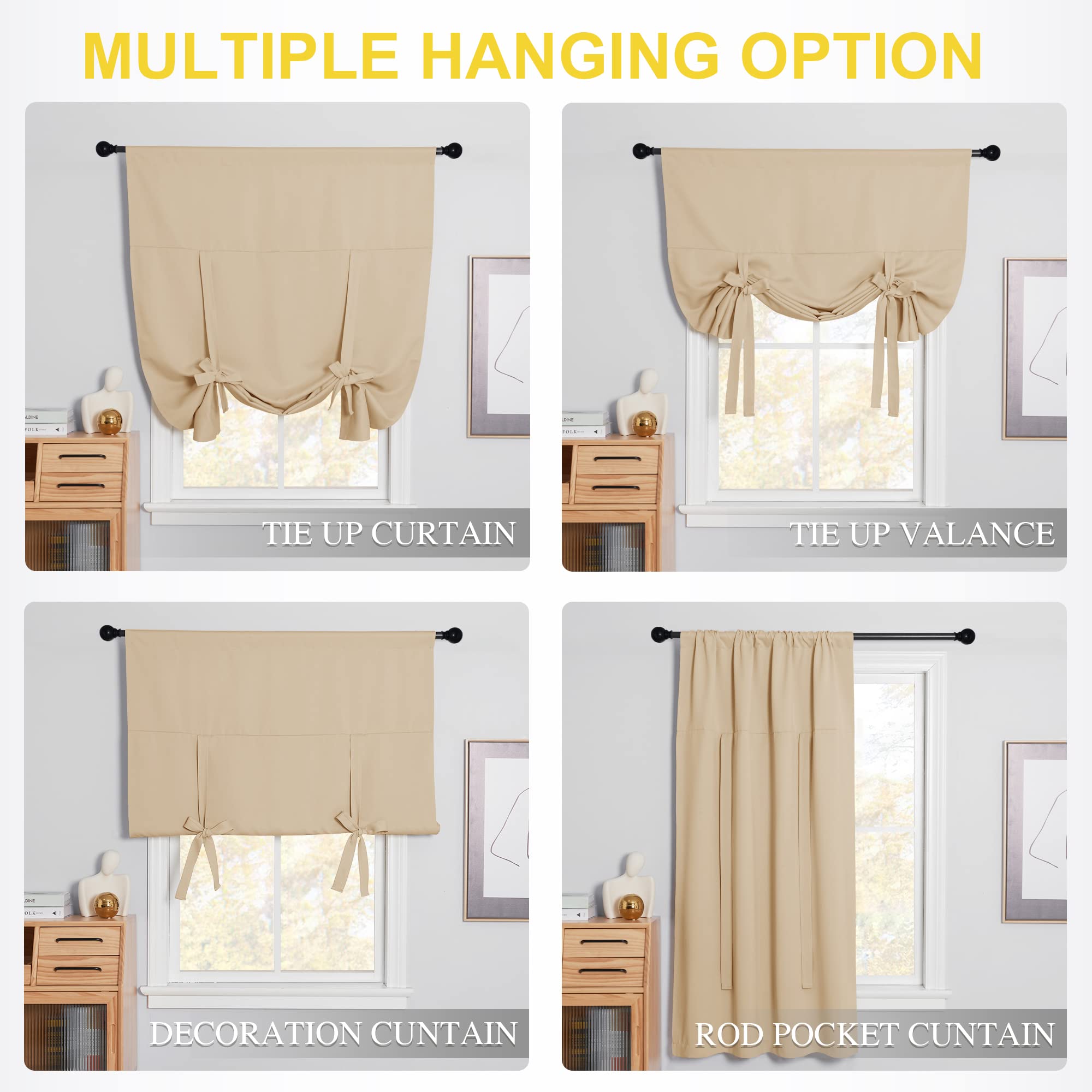 NICETOWN 45 Inch Short Curtains for Small Windows - Biscotti Beige Roll Up Tie Up Shades for Bathroom, Kitchen & Glass Door (1 Panel, 34
