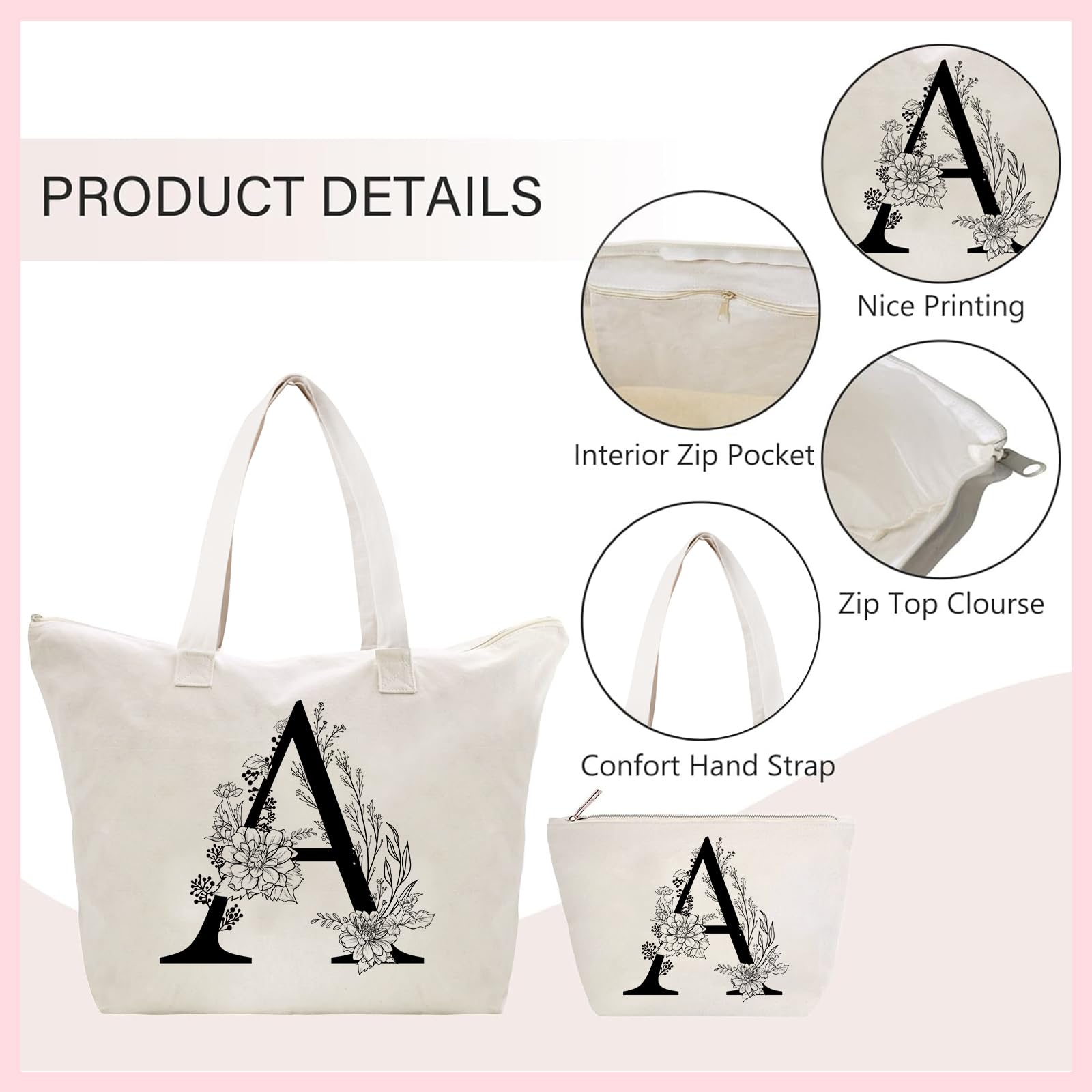 Personalized Initial Canvas Tote Bag for Women - Cotton Reusable Shopping & Cosmetic Bag - Perfect Gift for Friends, Colleagues, Moms - Birthday, Wedding & Christmas Present - Great for Shopping, Travel & Daily Use