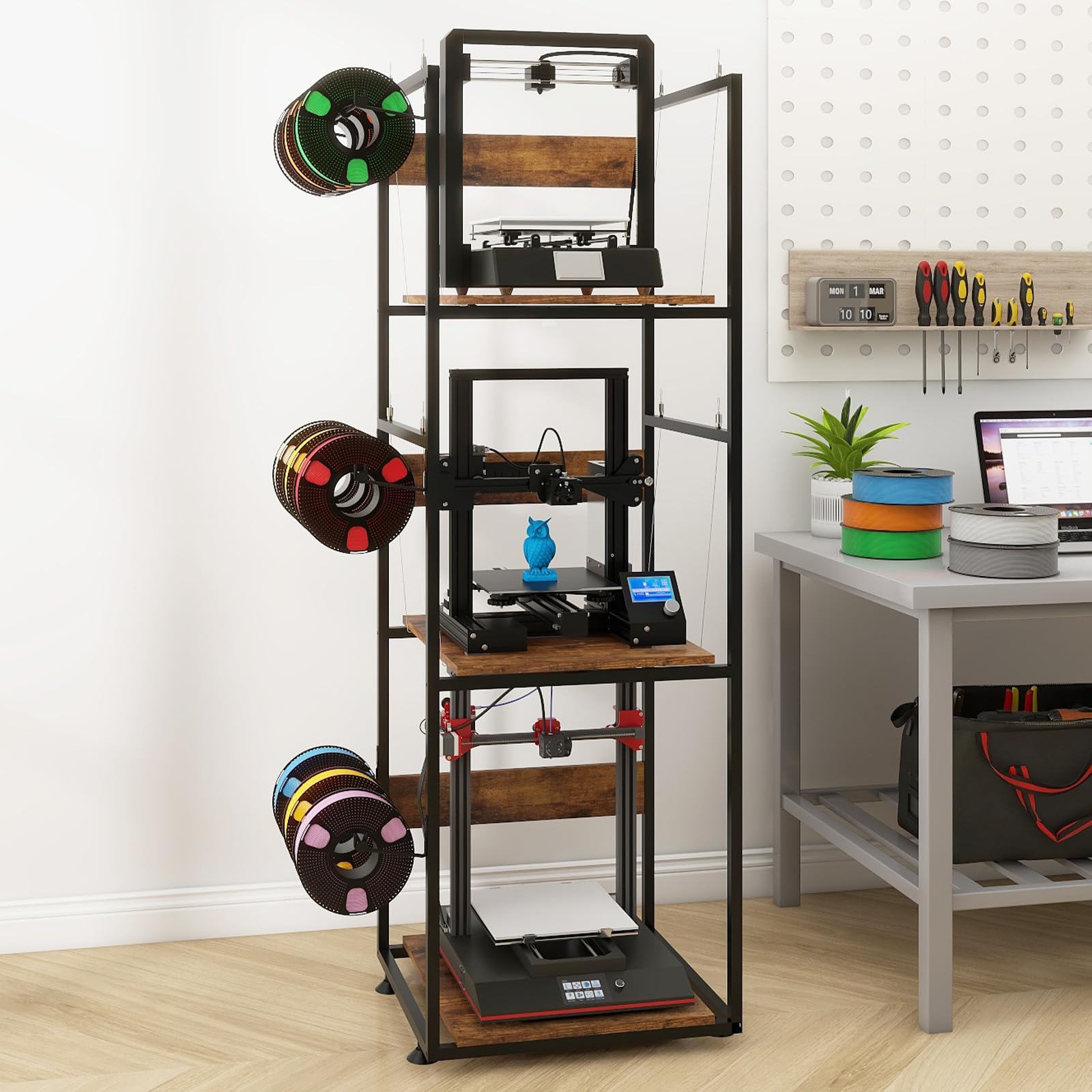 PUNCIA 3 Tier Heavy Duty 3D Printer Stand with Filament Storage Organizer - Sturdy Workbench for 3D Printing Workshop, Home Office & Maker Studio - Perfect for Filament Organization & Printer Stability