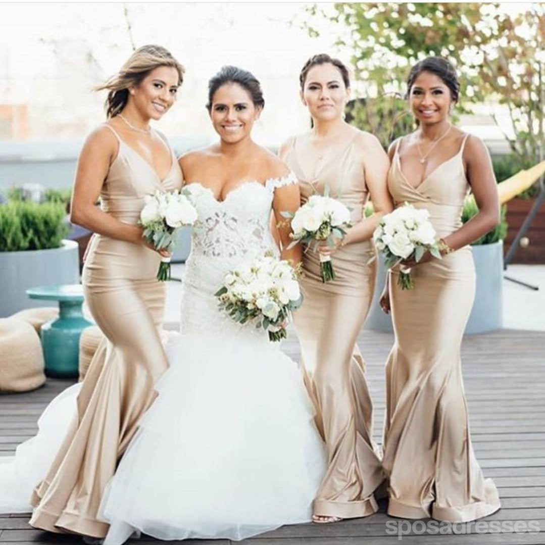 Elegant Mermaid Light Champagne Spaghetti Straps V-Neck Long Bridesmaid Dress Gown WG1121 | Perfect for Weddings, Proms & Formal Events