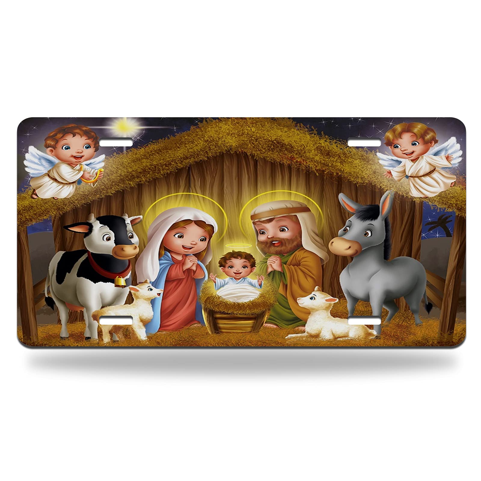 WONDERTIFY Christmas Nativity Scene License Plate - Holy Manger with Starry Night Design Featuring Cow, Sheep & Donkey - 12