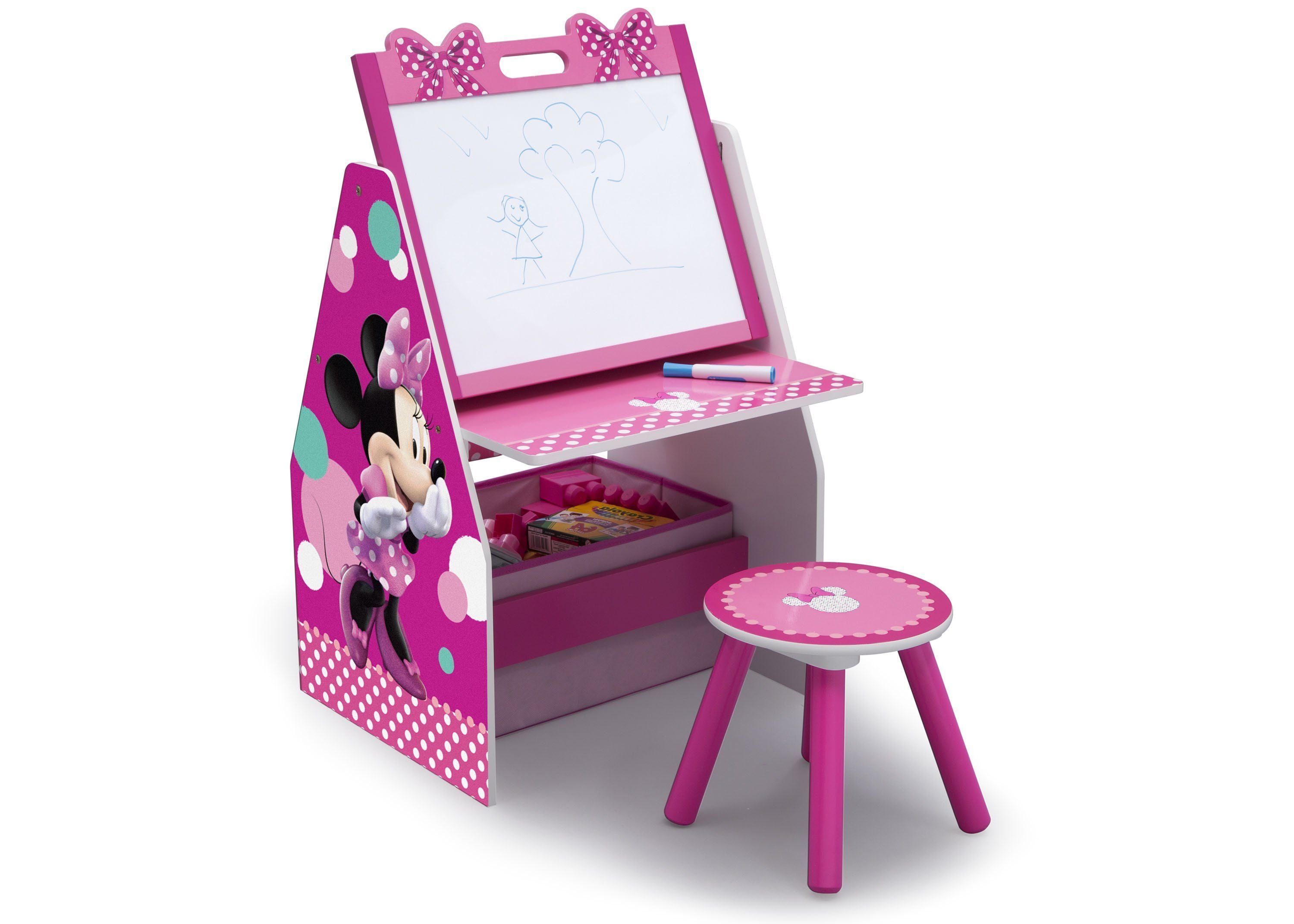 Minnie Mouse Deluxe Kids Art Table with Easel, Desk, Stool & Toy Organizer - Perfect for Creative Play, Learning & Room Organization