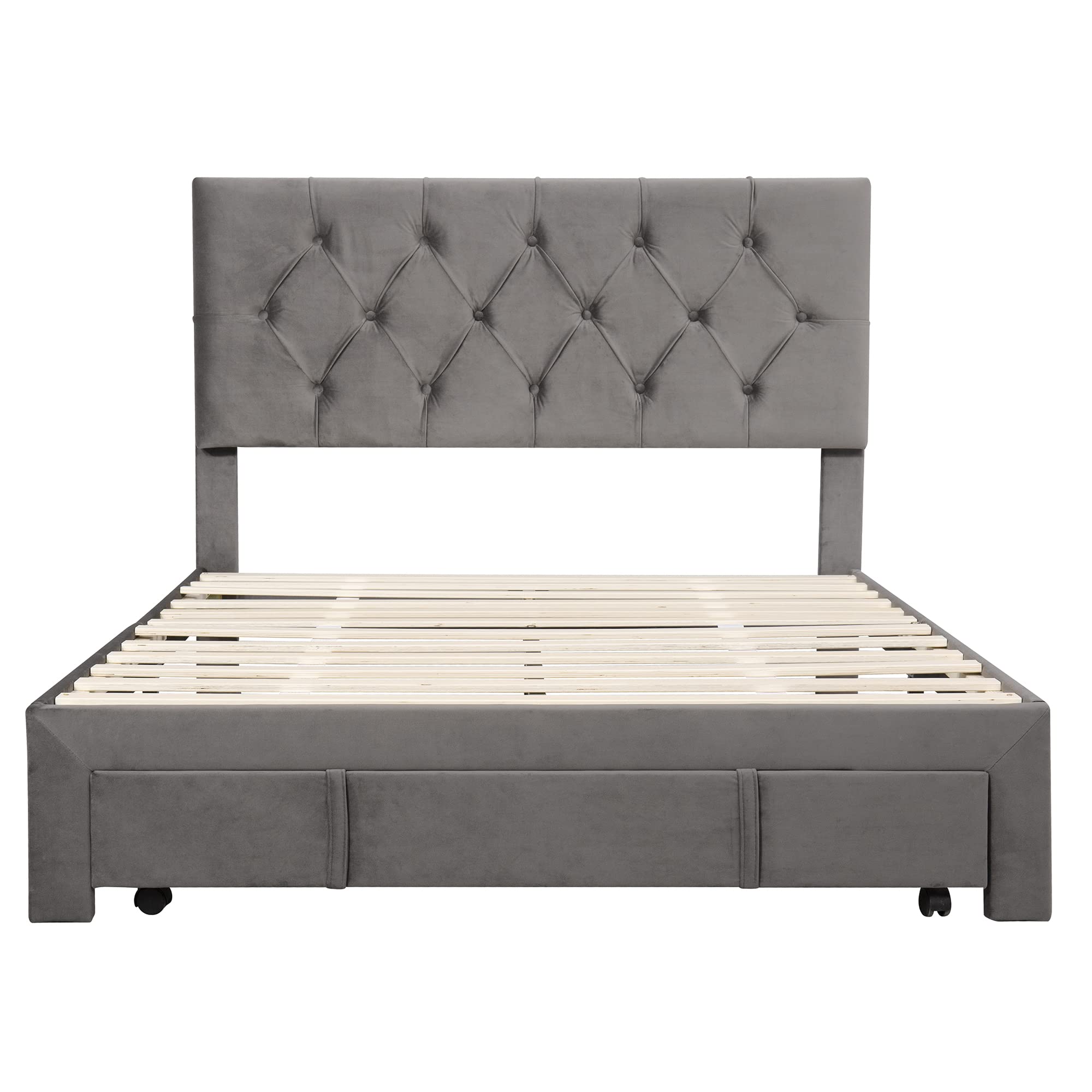 Merax Full Storage Bed Frame with Adjustable Headboard - Grey, No Box Spring Needed for Bedrooms