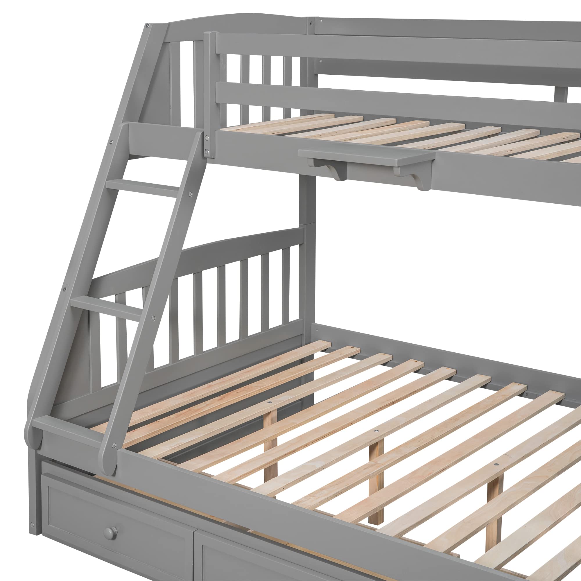 Solid Wood Twin-Over-Full Bunk Bed with Stairs & Storage - Kids Teens Adults Bedroom Furniture (Gray)