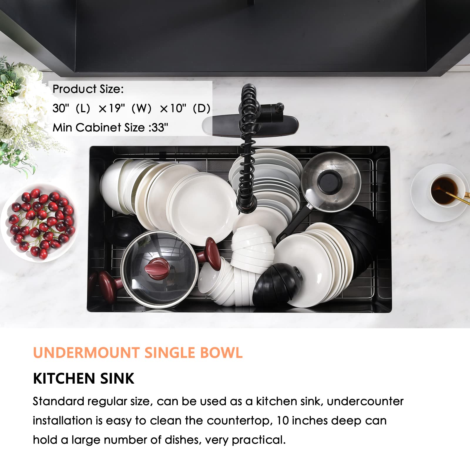 30×19 Inch Undermount Kitchen Sink - 16 Gauge Brushed Nickel 304 Stainless Steel - 10 Inch Deep Single Bowl Sink for Modern Kitchens | Perfect for Food Prep, Dishwashing & Small Space Cooking