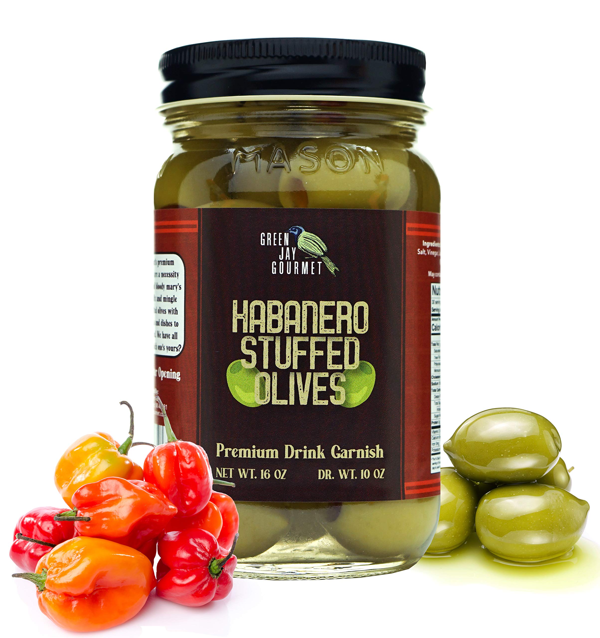 Premium Green Jay Gourmet Habanero Stuffed Olives - Large 16oz All-Natural Spicy Cocktail Olives for Dirty Martinis, Cheese Boards & Charcuterie - Perfect for Home Bars, Parties & Gourmet Gifting