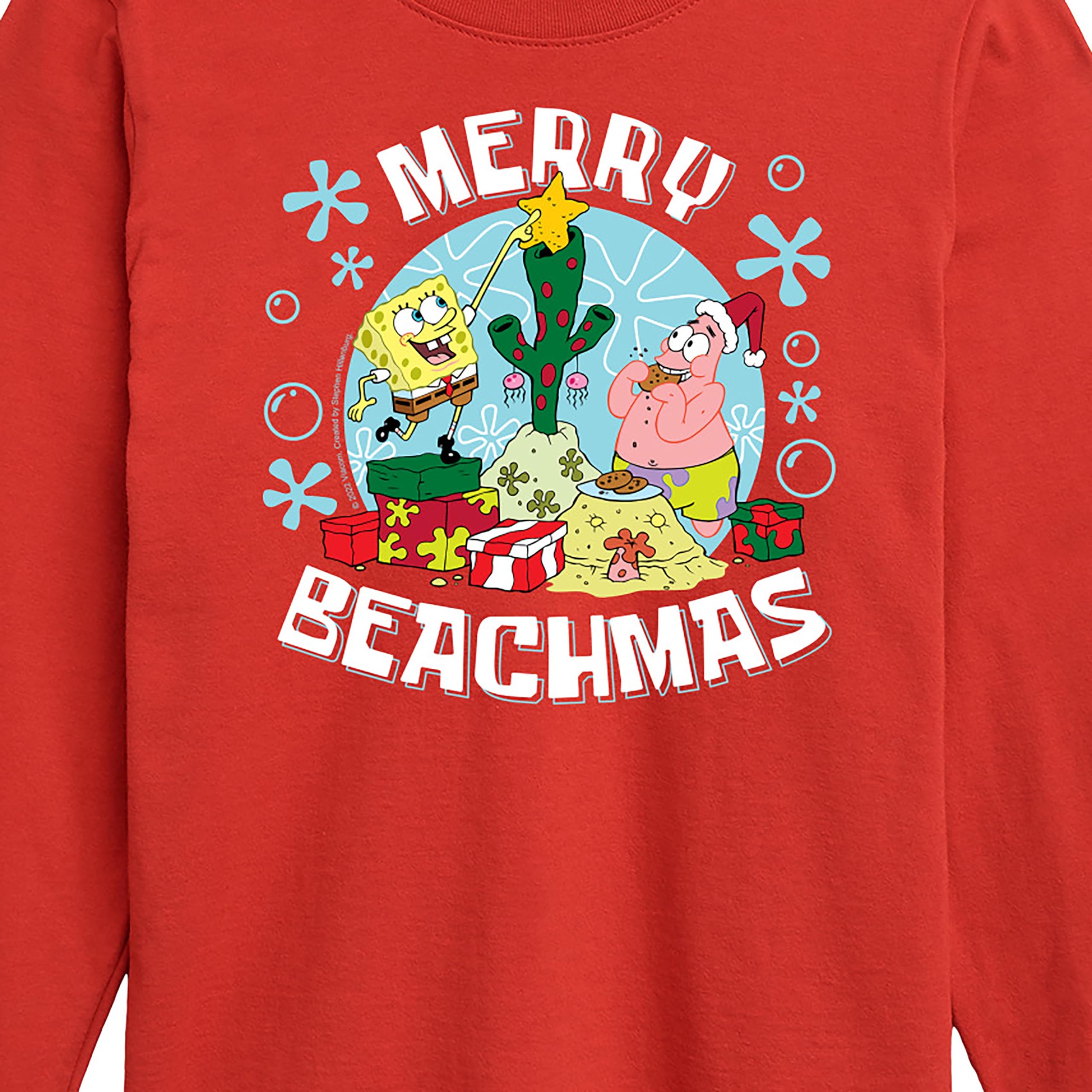 HYBRID APPAREL Spongebob Squarepants Merry Beachmas Long Sleeve Graphic T-Shirt for Toddler & Youth | Christmas Beach Holiday Gift | Casual Wear & Family Outfits