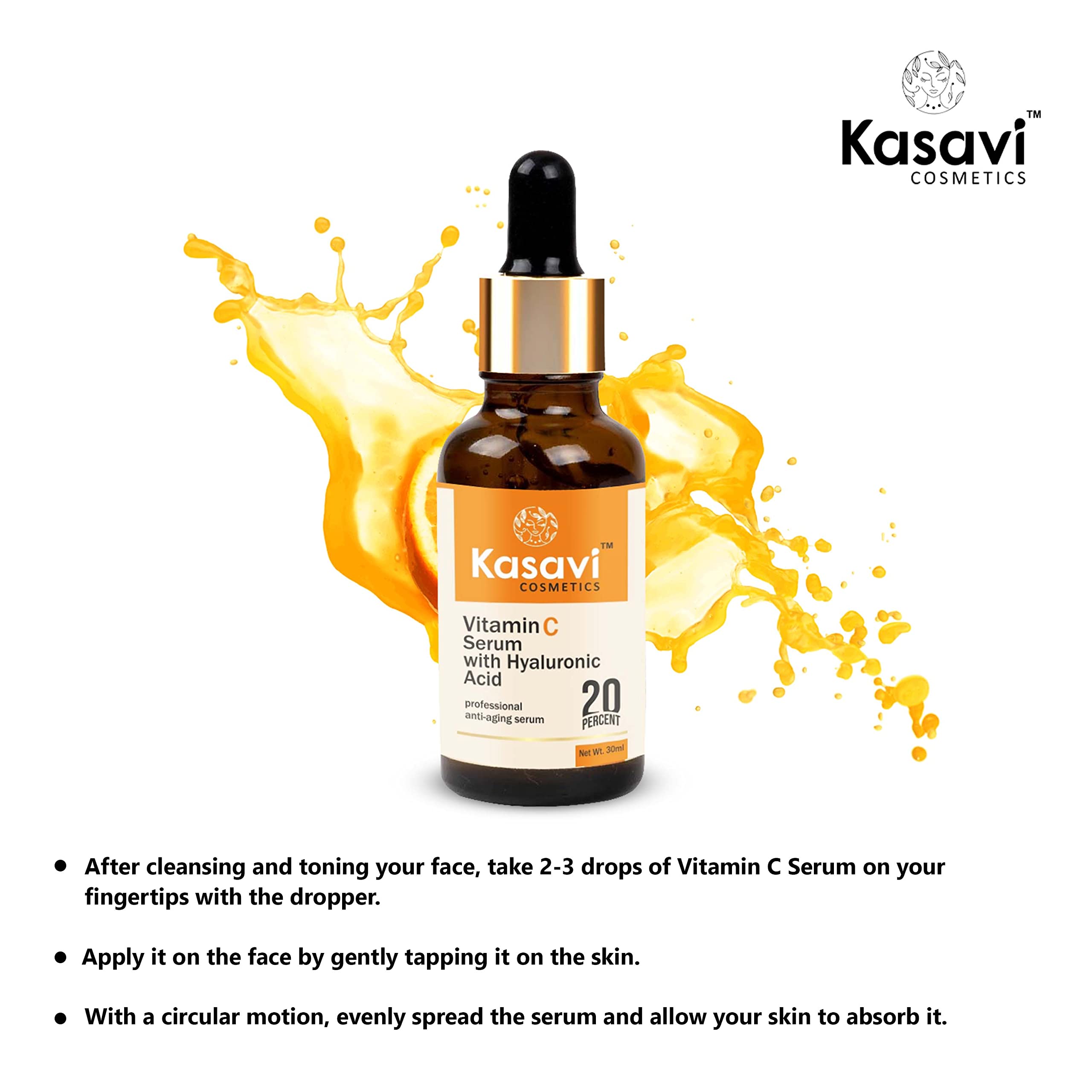Kasavi Vitamin C Face Serum with Hyaluronic Acid - 30ml Brightening & Hydrating Facial Treatment for Glowing Skin | Day & Night Use for All Skin Types | KSVCS-001