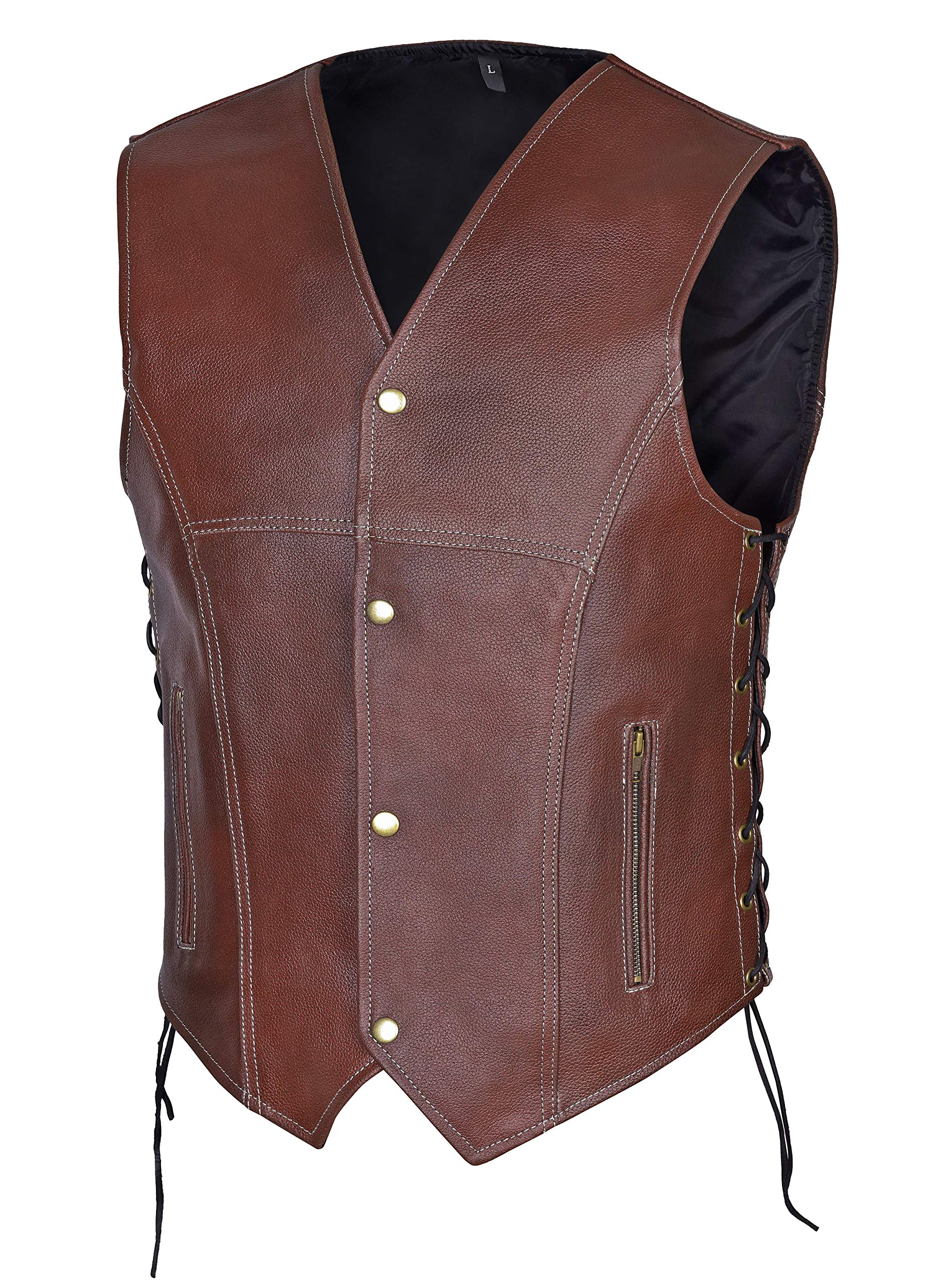 **Genuine Cowhide Leather Motorcycle Vest for Bikers - Rust Color, Size Large with Concealed Carry Pockets - Perfect for Riding, Outdoor Adventures & Casual Wear**