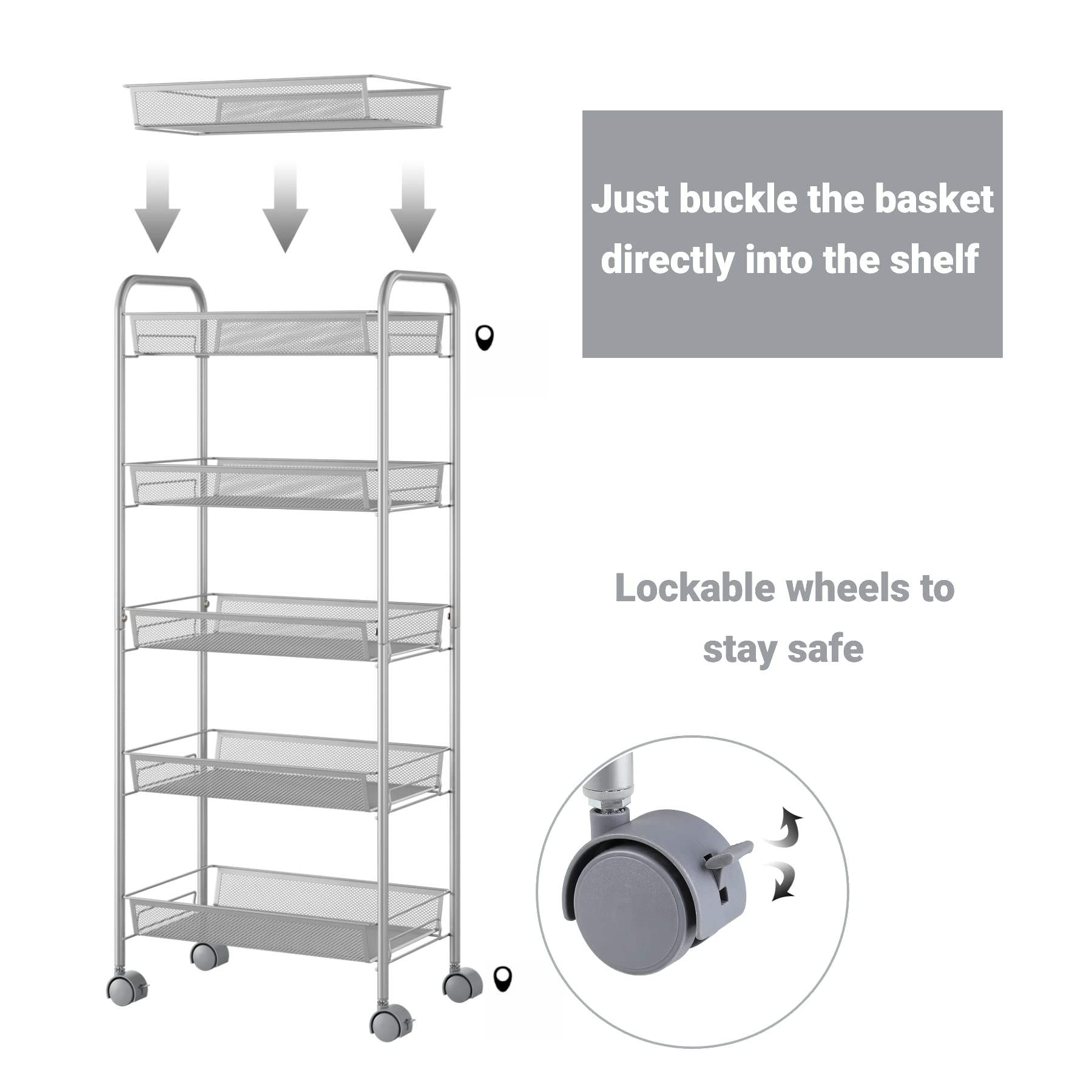 SOMY 5-Tier Mesh Rolling Storage Cart with Lockable Wheels & Removable Baskets - Multifunctional Organizer for Kitchen, Bathroom, Bedroom - 4 Free Casters, Silver (11D x 18.7W x 41.4H Inches) - Perfect for Home Organization, Pantry Storage & Small Space Living
