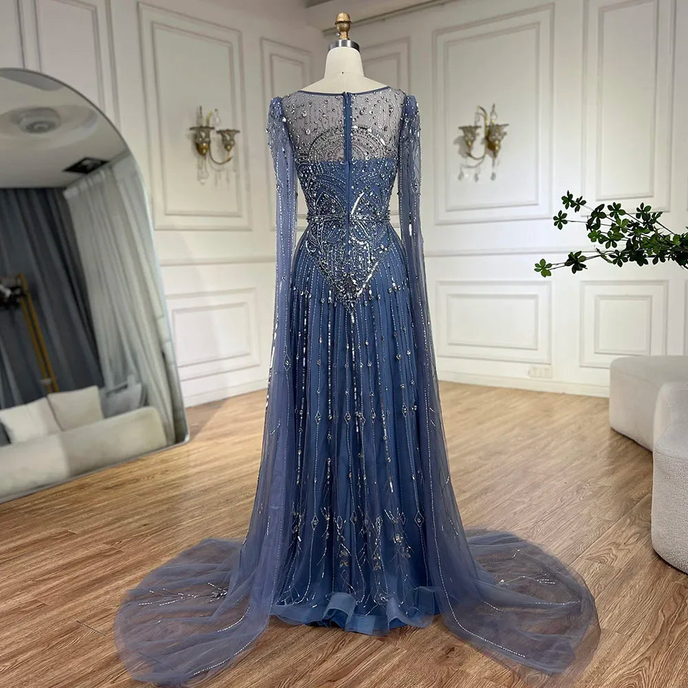 Luxury Designer Blue Beaded Stone Arabic Evening Dress with Cape Sleeve LA72635 - Elegant Formal Gown for Weddings, Galas & Special Occasions