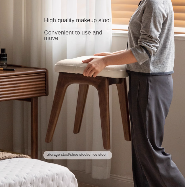 Solid Oak & Black Walnut Wood Makeup Stool - Durable Beauty Vanity Seat with Cushion for Bedroom, Dressing Room & Salon Use