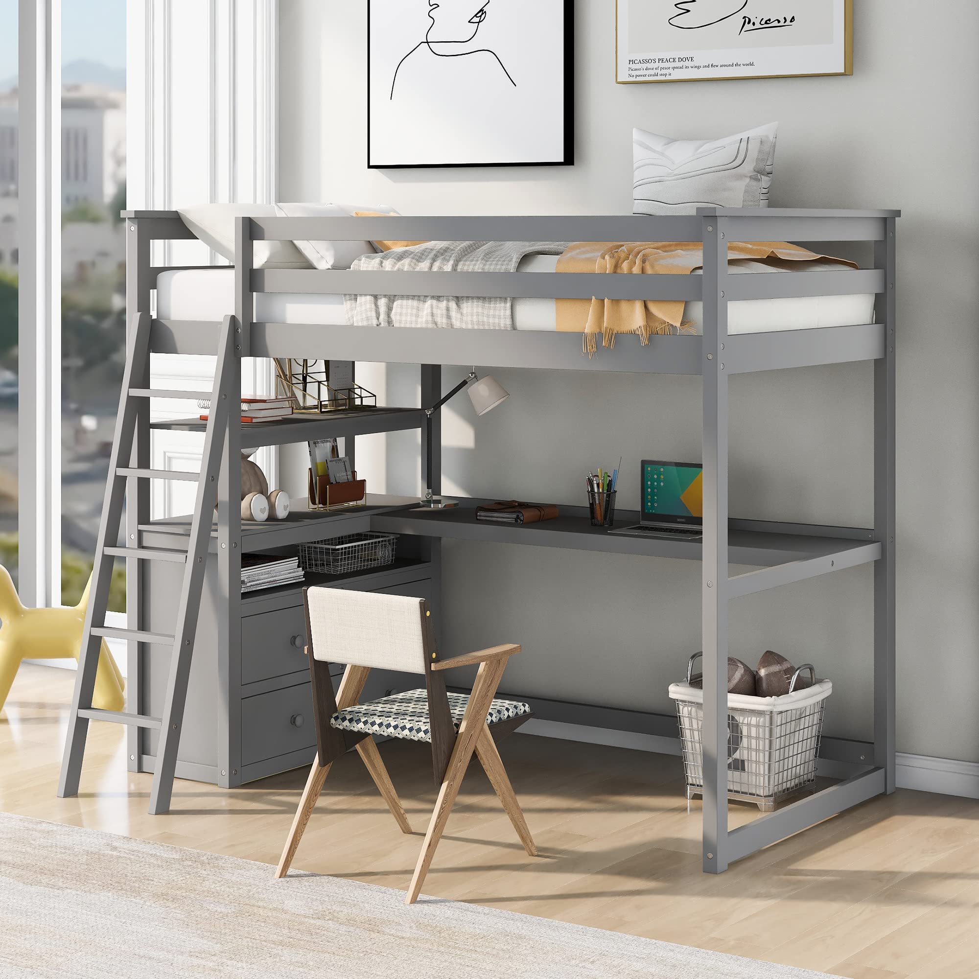**SOFTSEA Twin Size Loft Bed with Built-in Desk & Drawers - Solid Wood High Loft Bed with Storage Shelves - Multifunctional Space-Saving Bed for Kids, Teens, Boys & Girls - Grey - Perfect for Small Bedrooms, Dorms & Apartments**