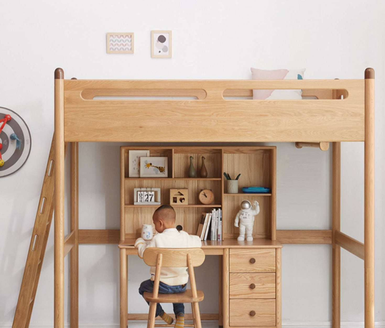 Solid Oak Wood Loft Bed with Storage Cabinet - Space-Saving Furniture for Small Rooms, Kids Bedroom & Dormitory
