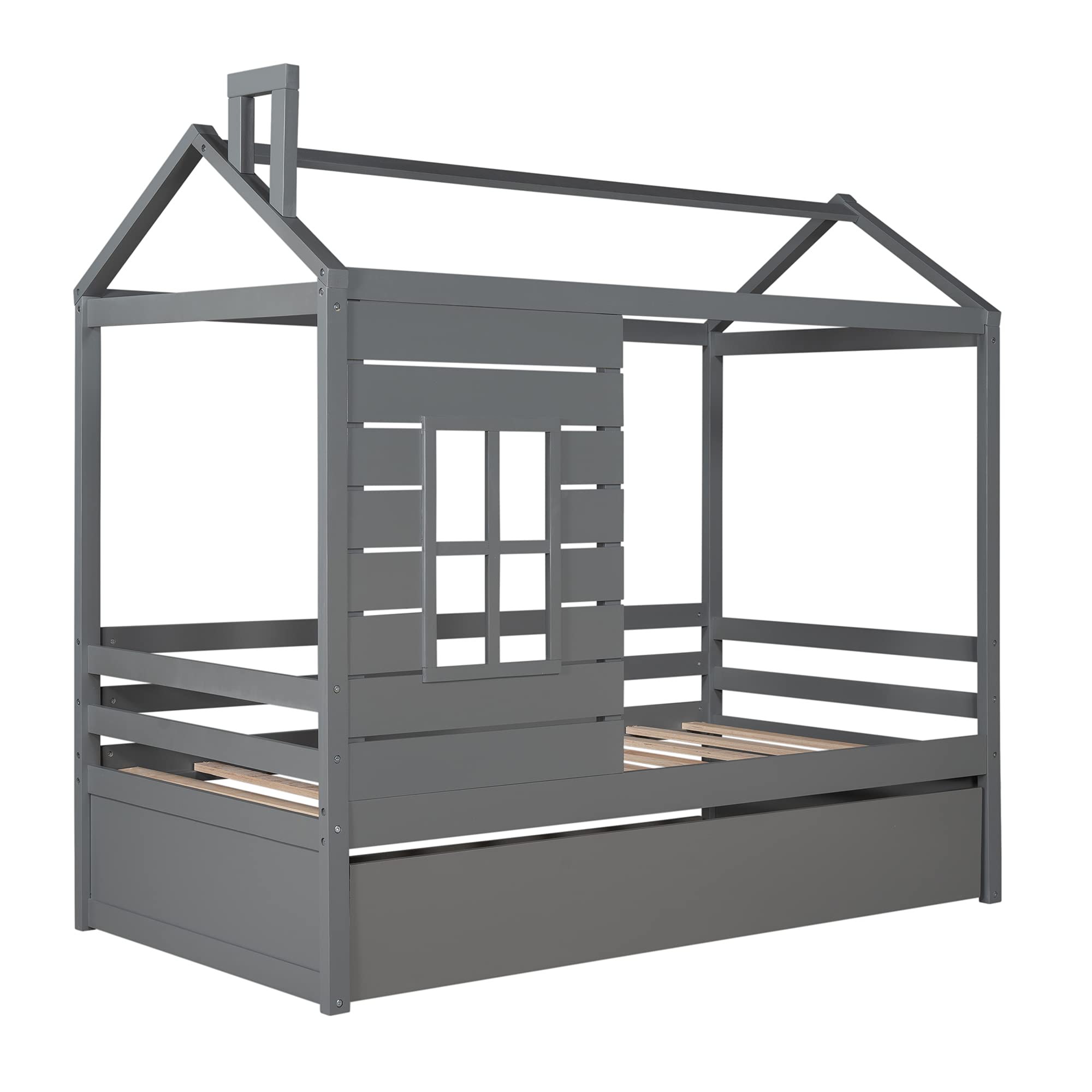 RUNNA Twin Size Wooden House Bed with Trundle - Gray Kids Bed Frame with Roof, Window & Guardrail for Children's Room | Perfect for Toddlers, Boys & Girls Bedroom Decor | Playful Sleep Solution for Daydreaming & Imaginative Play