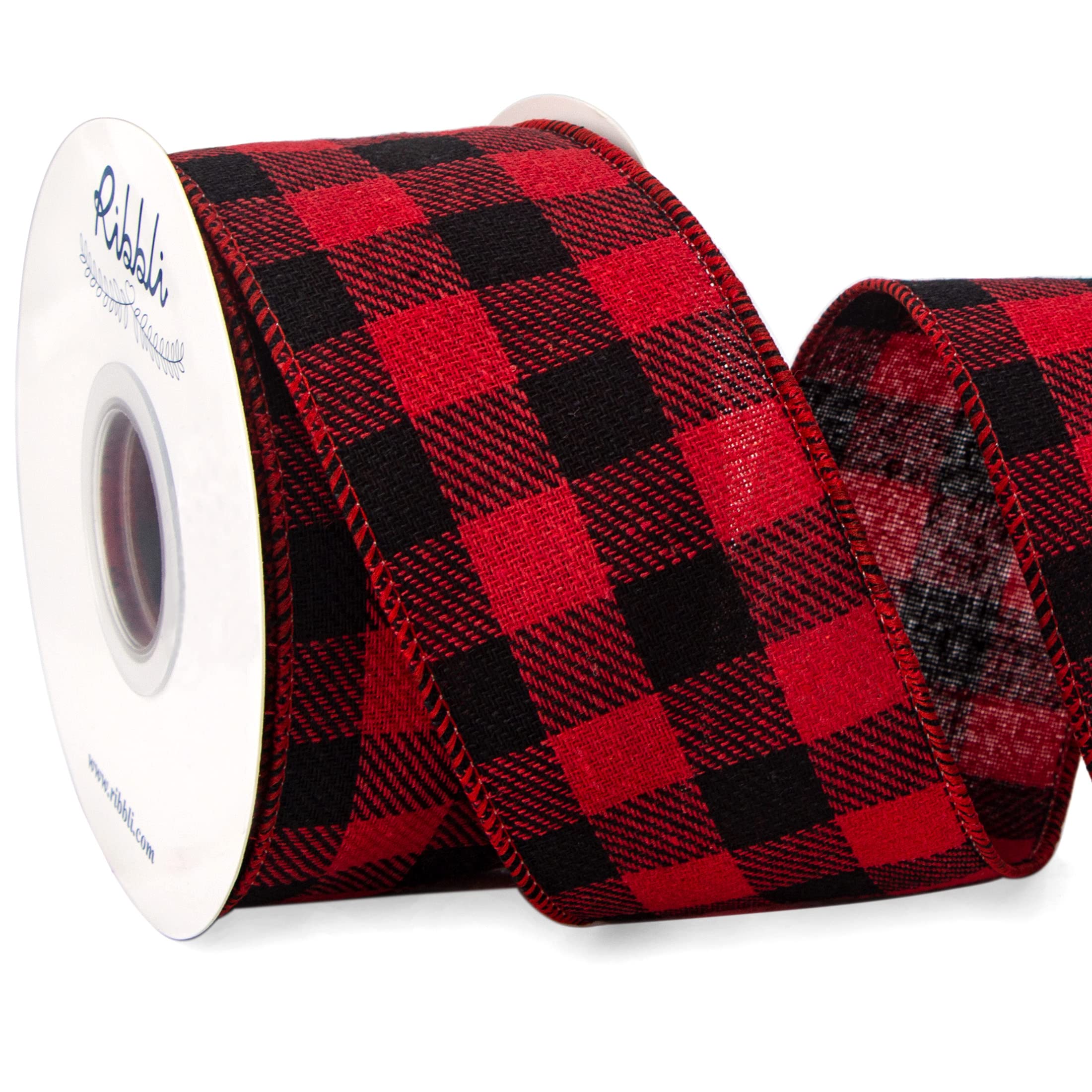 Ribbli Buffalo Plaid Wired Ribbon - 2.5 Inch x 10 Yard Red & Black Checkered Christmas Ribbon for Big Bows, Wreaths & Tree Decorations | Polyester Cotton Holiday Ribbon for Gift Wrapping, DIY Crafts & Home Decor