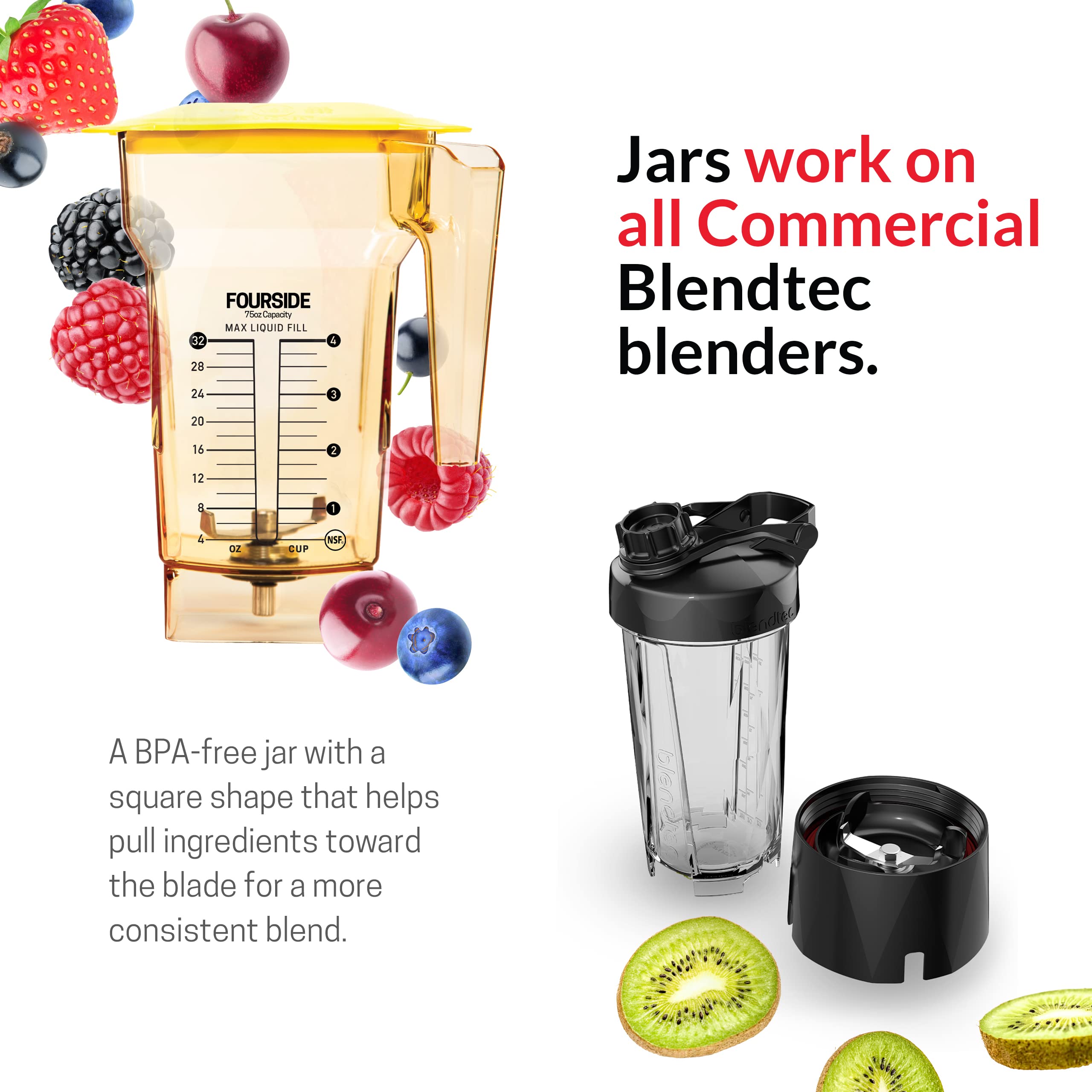 Blendtec 75 oz FourSide Commercial Blender Jar - 4-Sided Replacement Pitcher for Most Blendtec Blenders - 32 oz Blending Capacity - Yellow - Perfect for Smoothies, Soups & Nut Butters in Restaurants & Homes