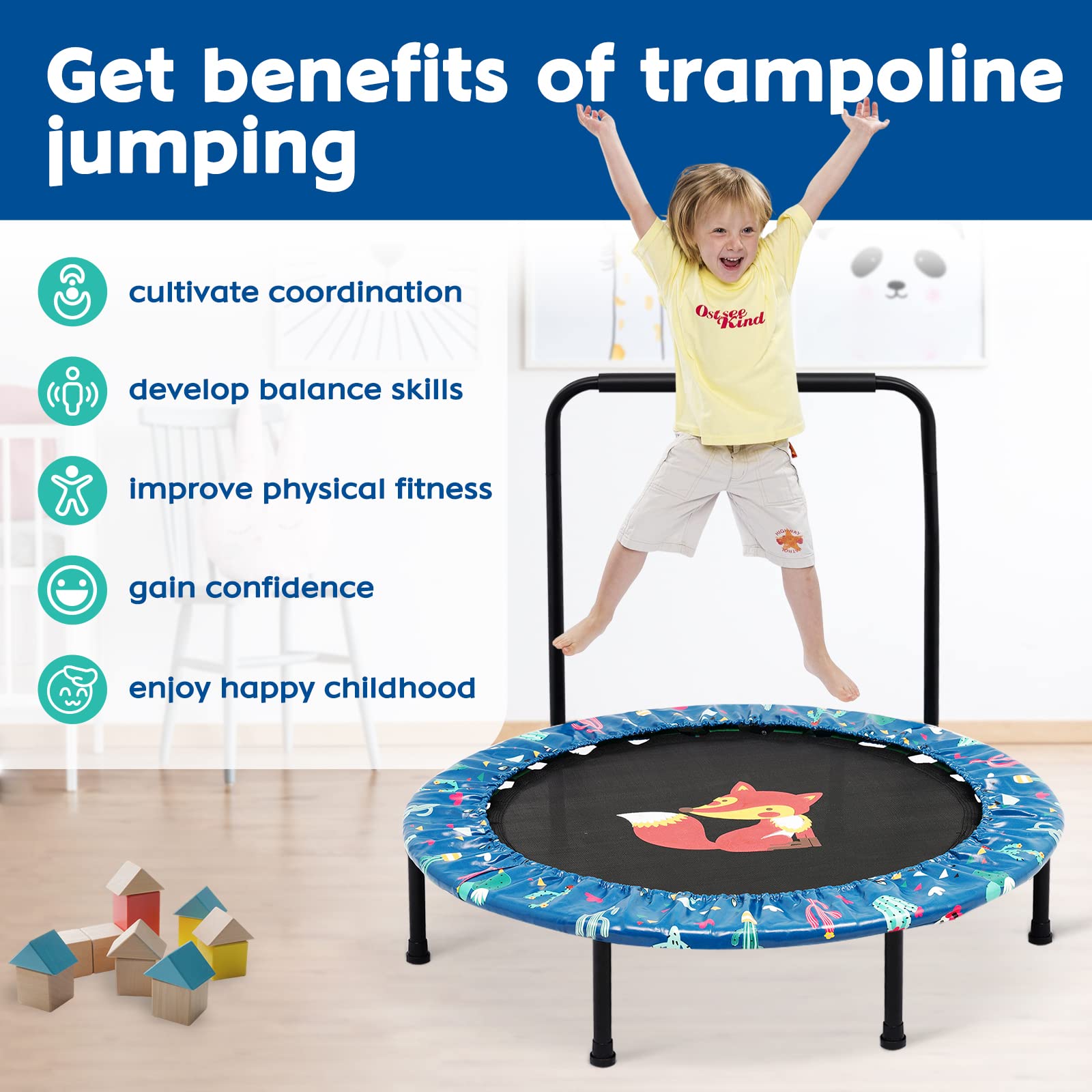 **Kids Trampoline with Safety Handle & Protective Cover - Foldable Mini Trampoline for Indoor/Outdoor Jumping - Perfect for Playtime, Exercise & Backyard Fun (Style 3)**