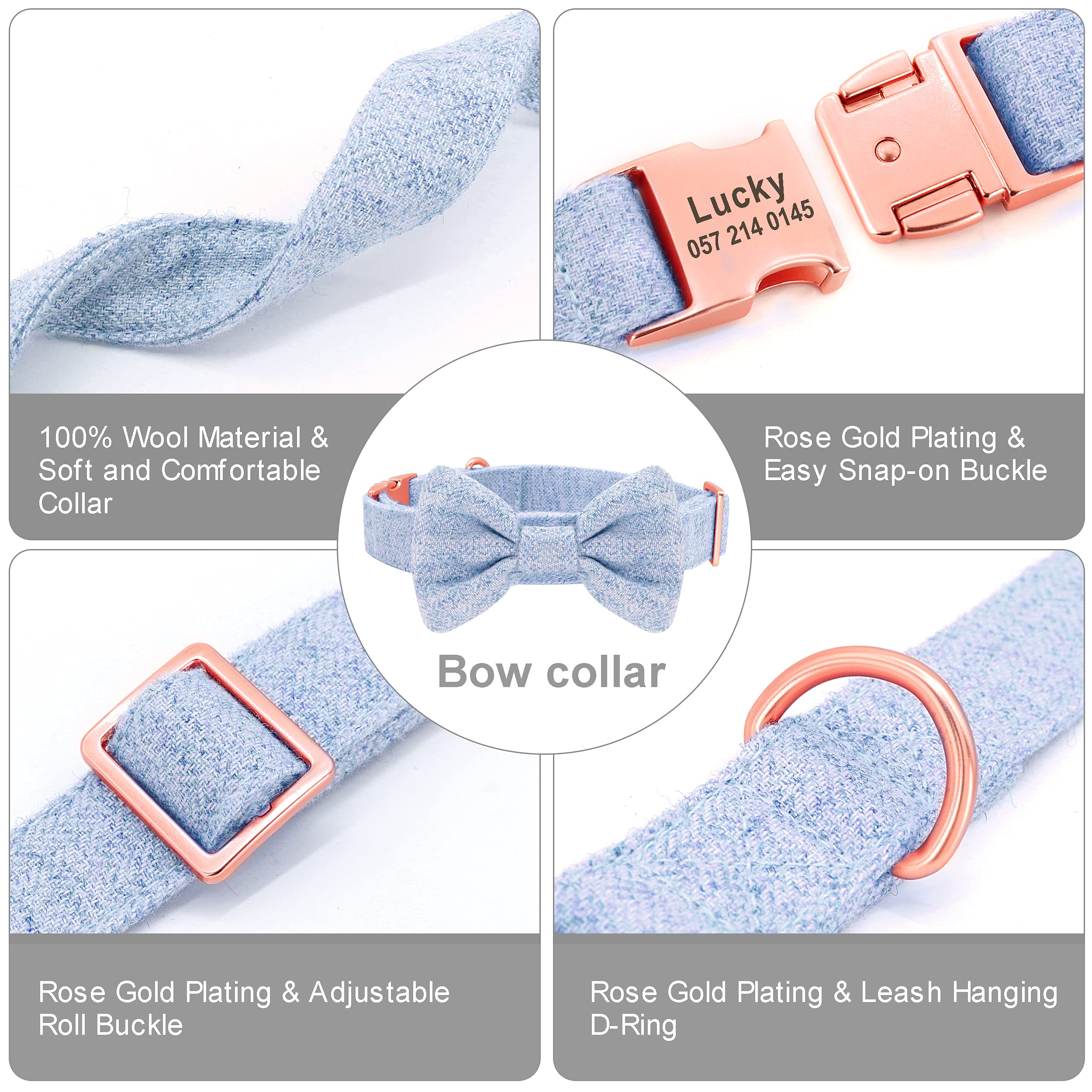 Personalized Dog Collar with Detachable Bowtie - Soft & Comfortable Pet Collar and Leash Set with Rose Gold Buckle - Adjustable for Small Medium Large Dogs - Perfect for Daily Walks, Grooming & Special Occasions (Blue)