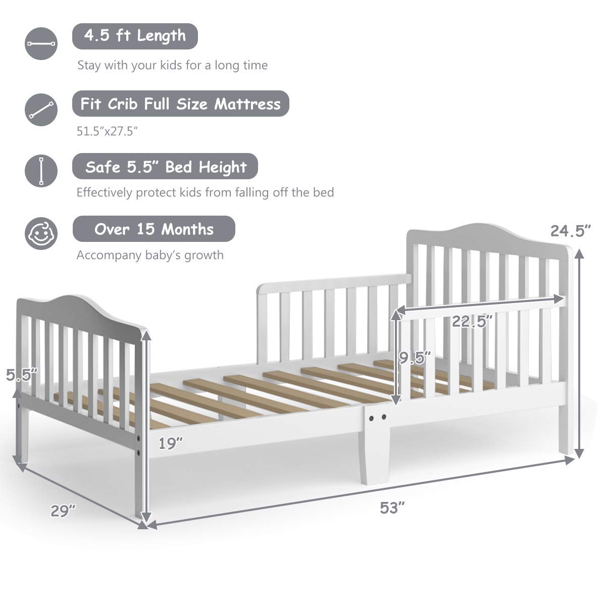 Costzon Toddler Wood Bed Frame with Safety Guardrail - White | Kids Bedroom Furniture for Boys & Girls