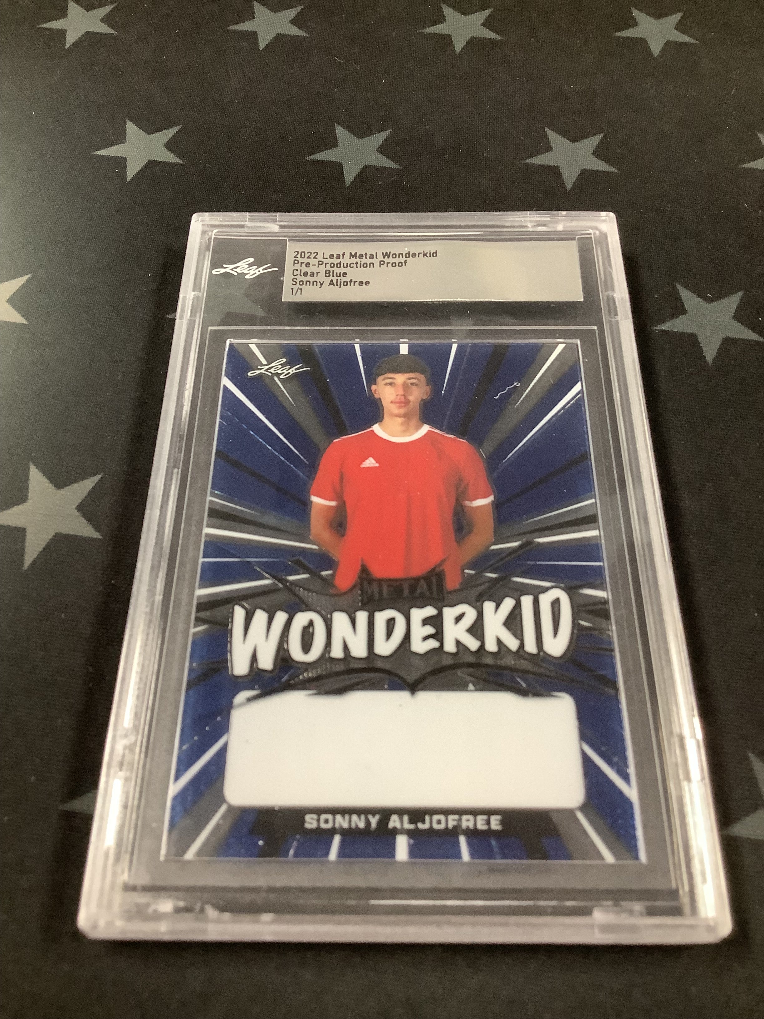 2022 Leaf Metal Wonderkid Sonny Aljofree Pre-Production Proof 1/1 Clear Blue Trading Card - Rare Collectible for Sports Memorabilia & Card Showcases