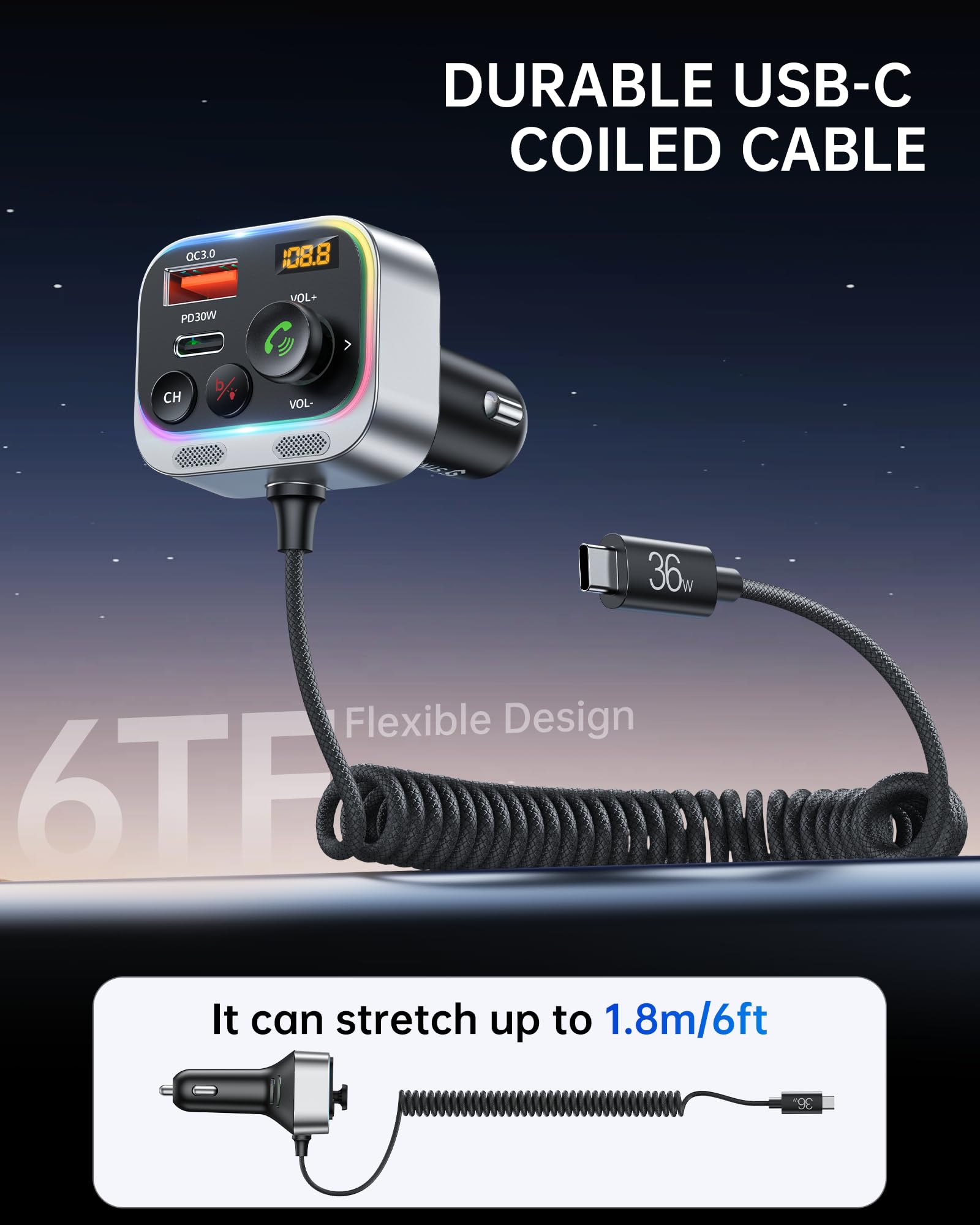 Syncwire Bluetooth 5.4 FM Transmitter Car Adapter - 66W PD & QC 3.0 Fast Charging with USB-C Cable - Wireless Radio Adapter with LED Light Control, HiFi Bass, Hands-Free Calling & Noise-Canceling Mics - Perfect for Road Trips, Commuting & In-Car Entertainment