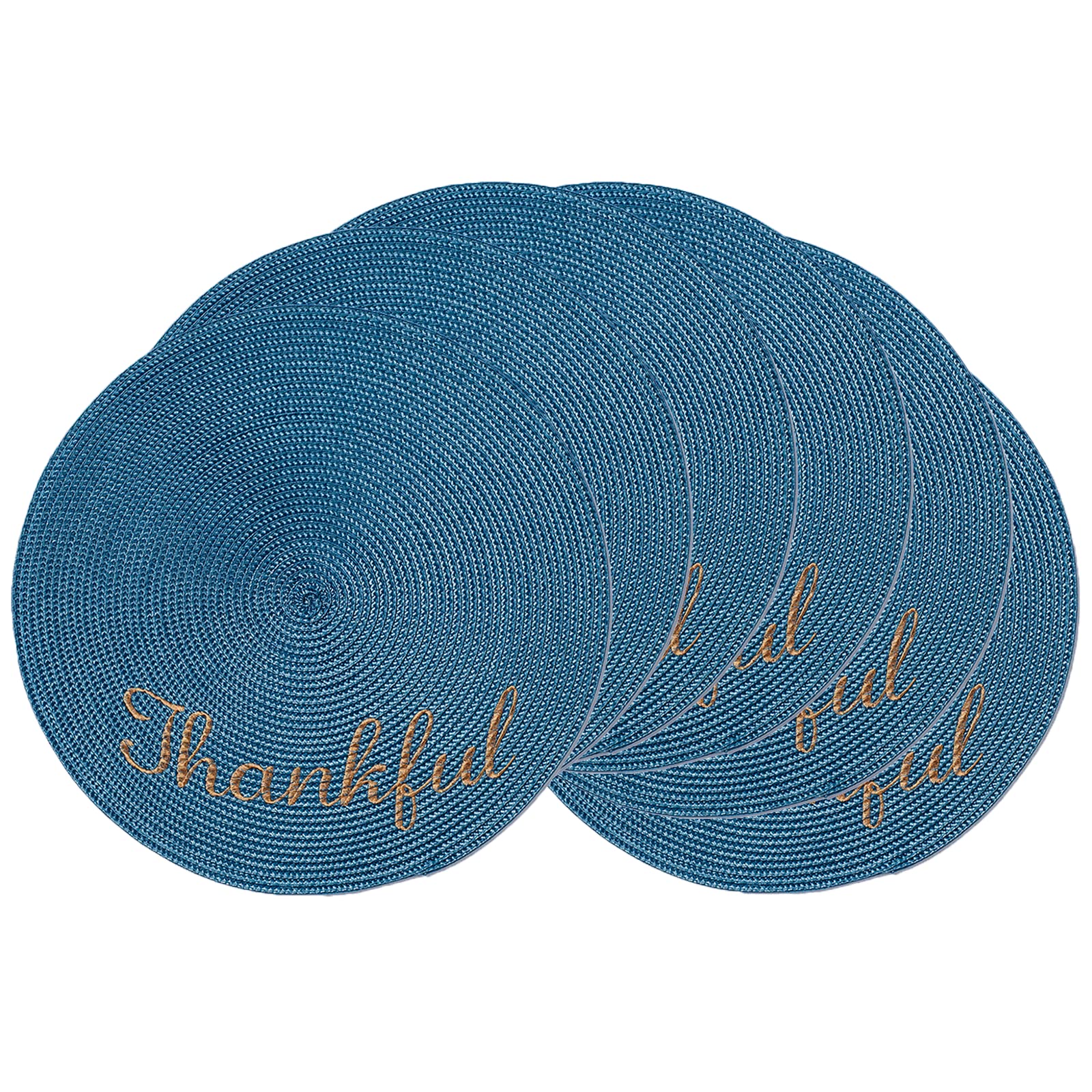 AHHFSMEI 15 Inch Round Braided Embroidery Placemats Set of 6 - Heat Resistant Woven Table Mats for Dining, Kitchen, Thanksgiving & Holiday Decor (Blue)